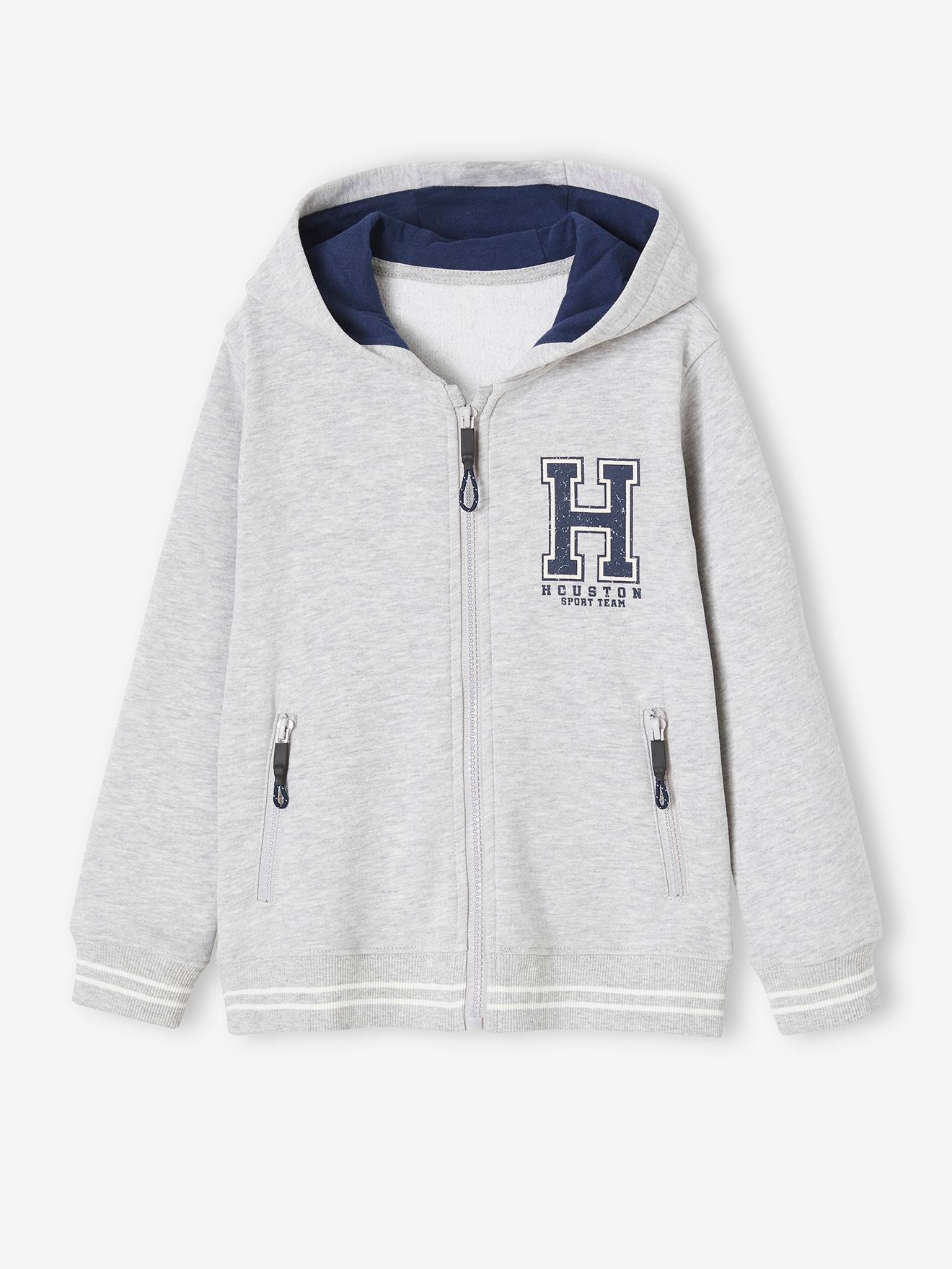 Sweat zippé à capuche sport garçon. gris chiné