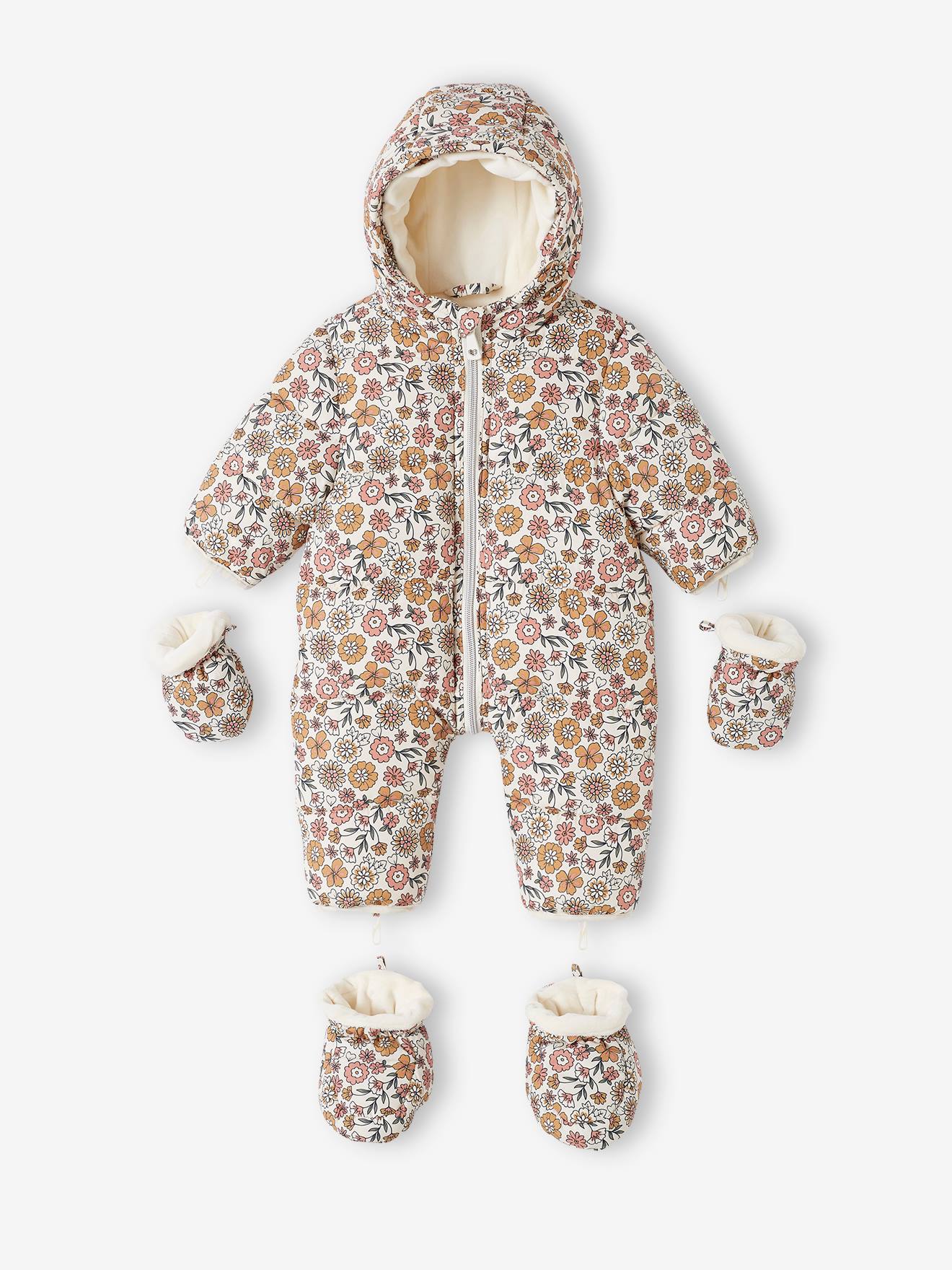 Combi-pilote fleurie bébé doublée polaire beige clair imprime