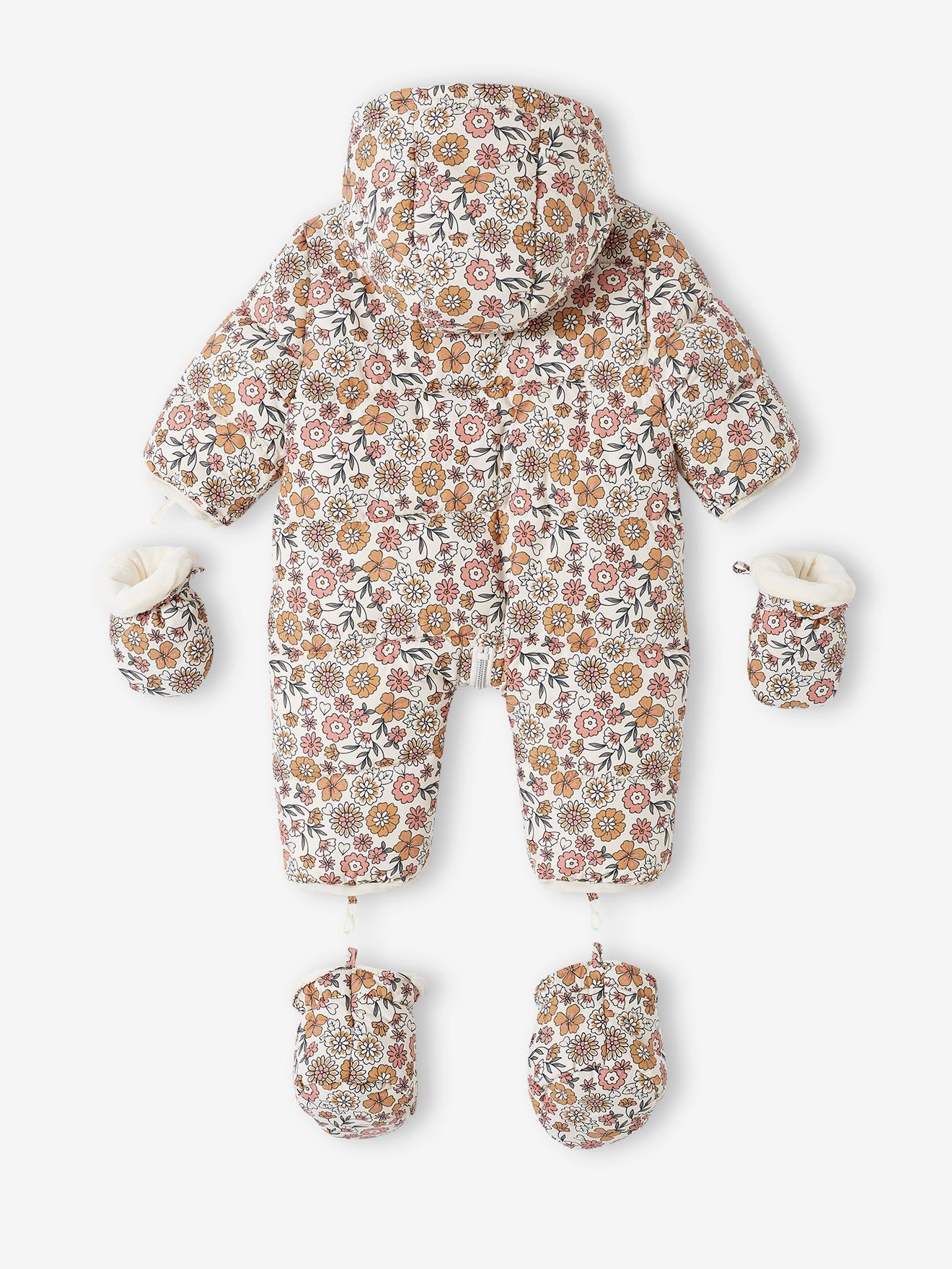 Combipilote bébé fille fleurie doublée polaire beige clair imprime (Vertbaudet) - Image 1