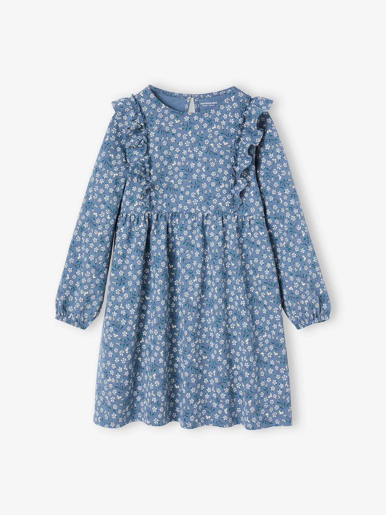 Robe imprimée fleurs fille manches volantées bleu grisé