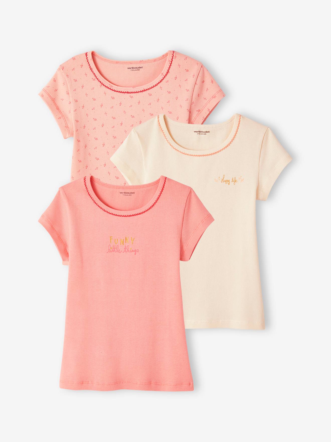 Lot de 3 T-shirts fantaisie manches courtes en maille côtelée fille rose nude