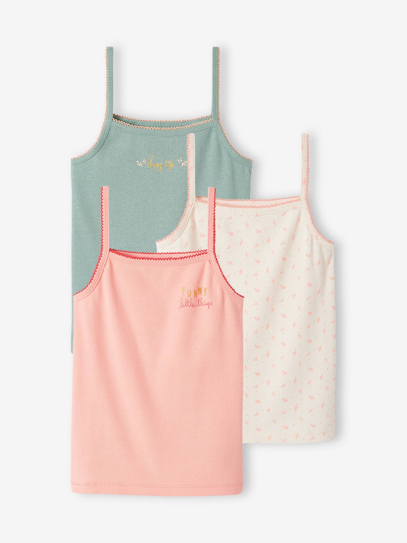 Lot de 3 débardeurs fantaisie fille en maille côtelée rose nude