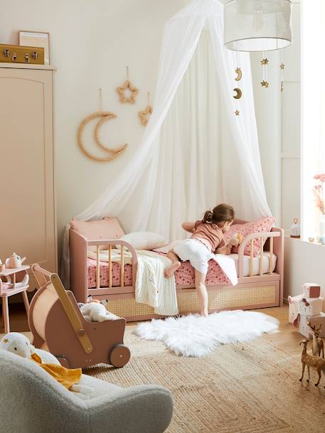 Vertbaudet - Lit Bébé évolutif 70x140cm avec tiroir de rangement en cannage POESIE rose nude
