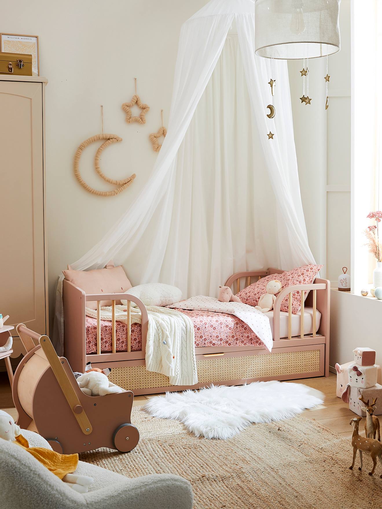 Lit Bébé évolutif 70x140cm avec tiroir de rangement en cannage POESIE rose nude (Vertbaudet) - Image 2