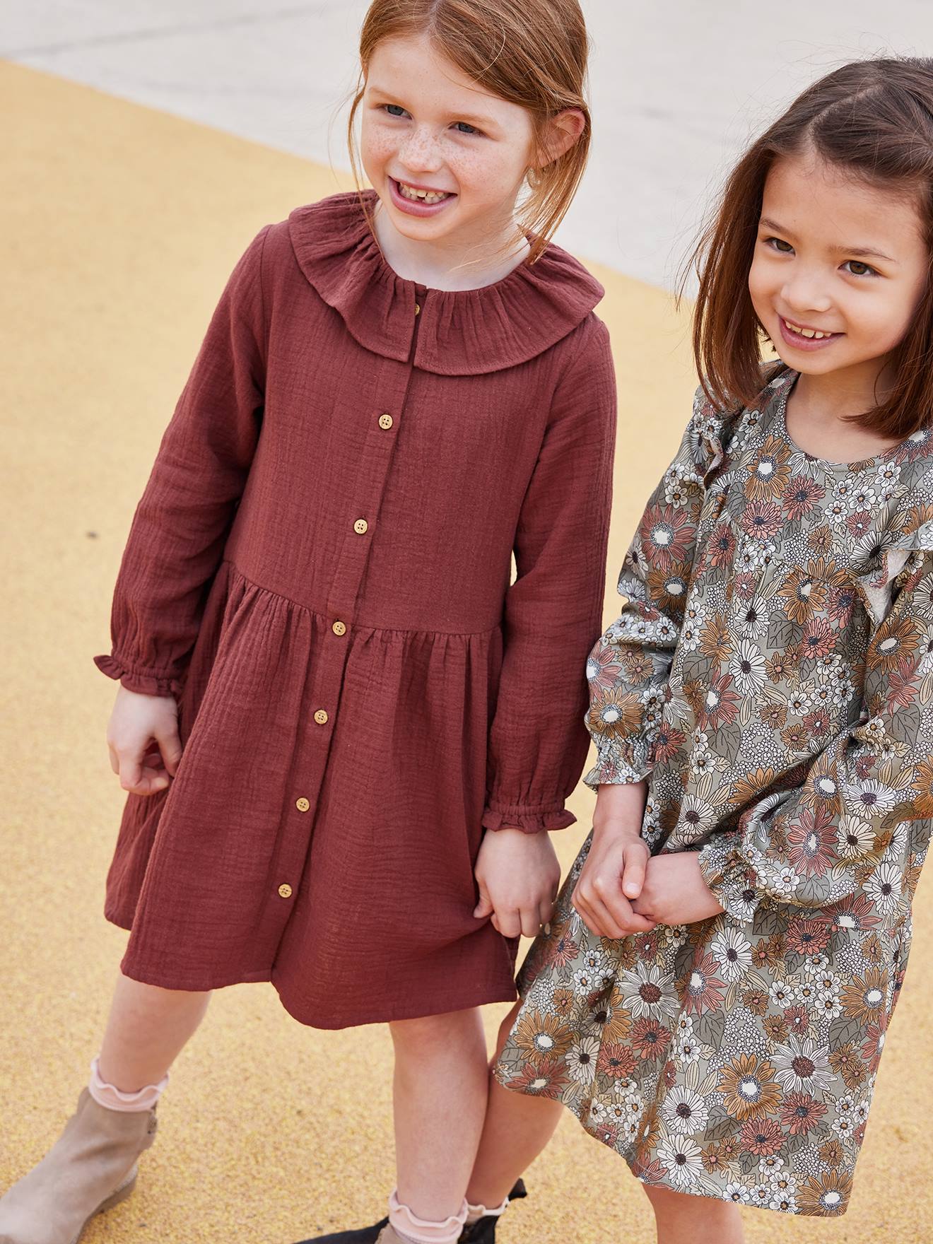 Robe à collerette en gaze de coton fille chocolat