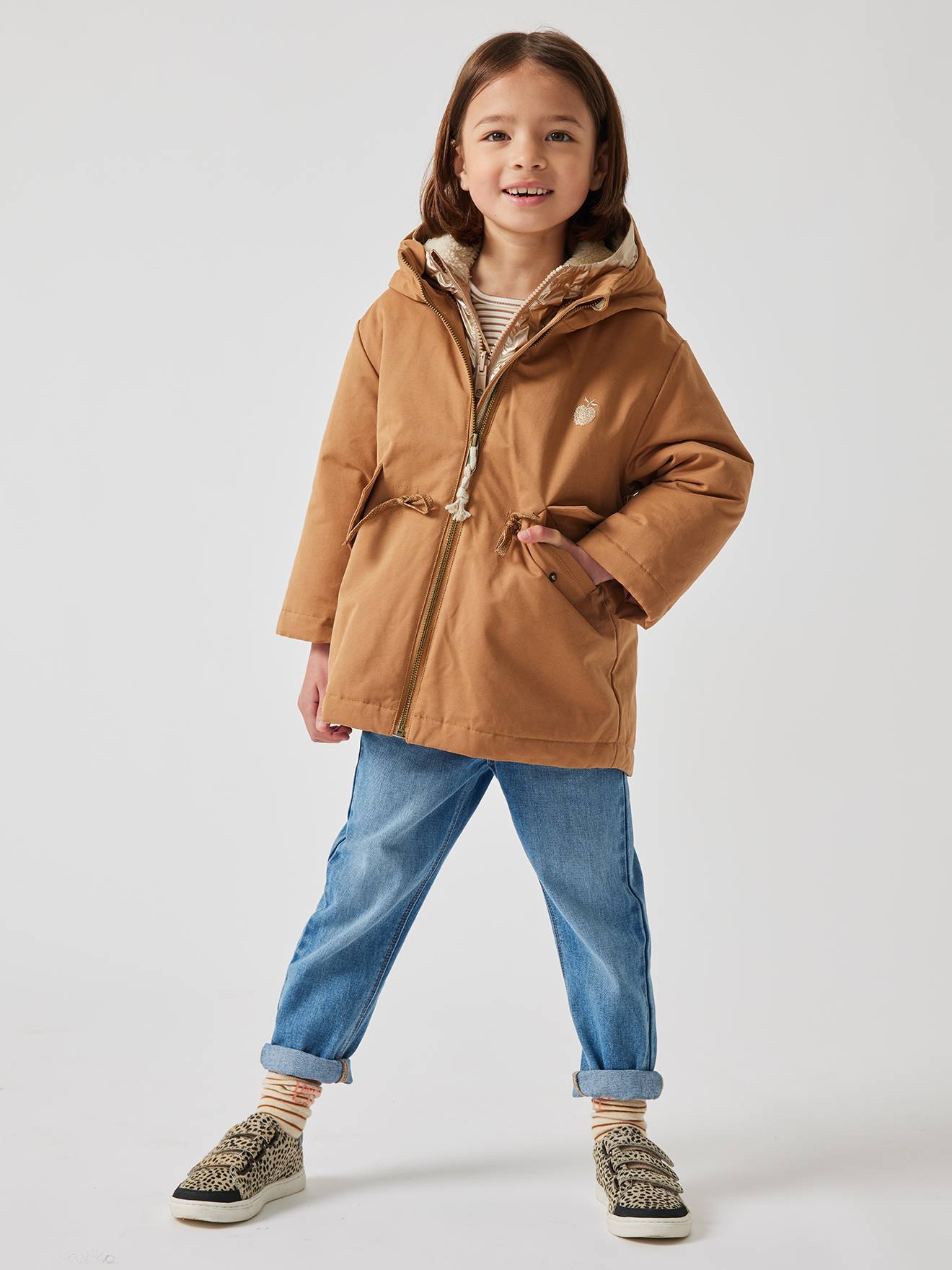 Parka à capuche 3 en 1 fille avec doudoune brillante doublée sherpa camel