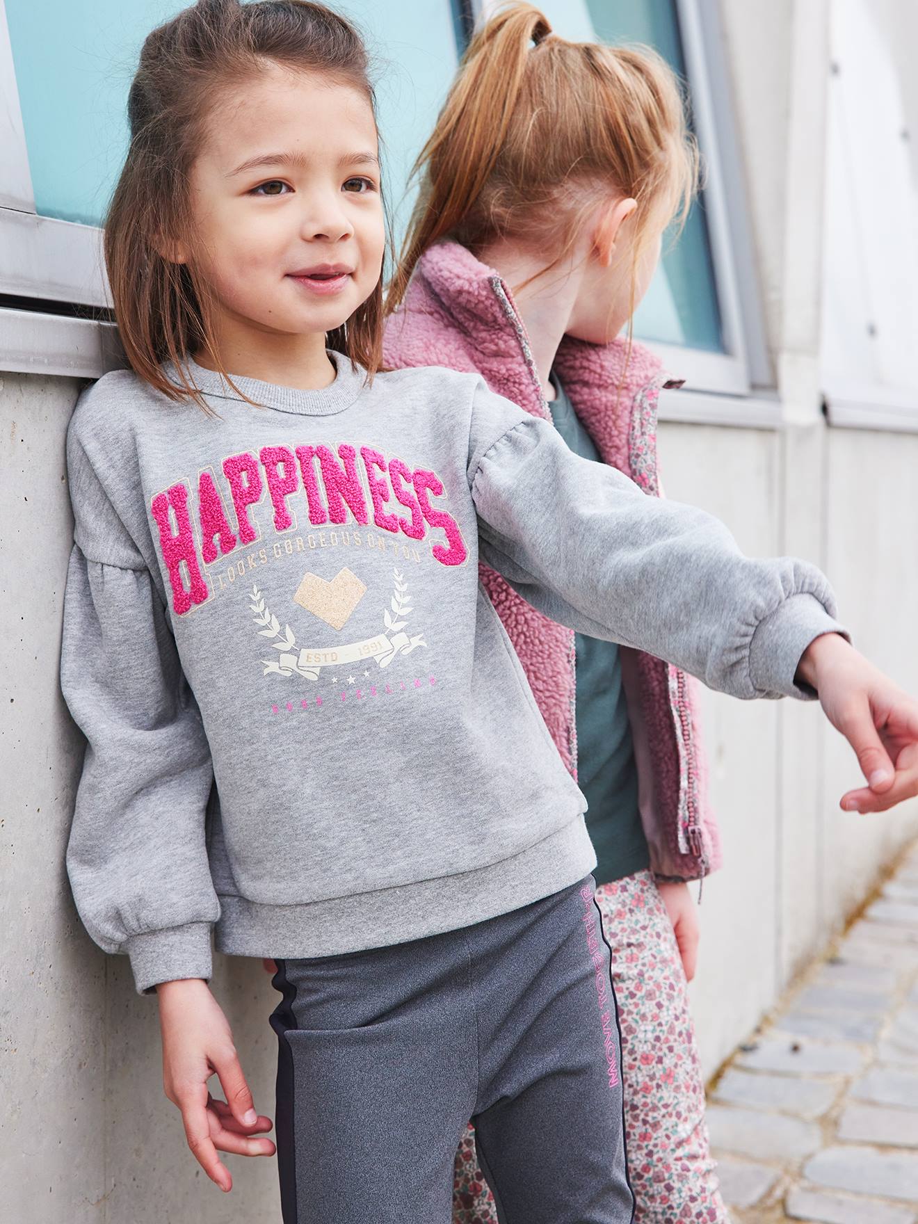 Sweat sport fille Hapiness en bouclette et détails irisés fille gris chiné