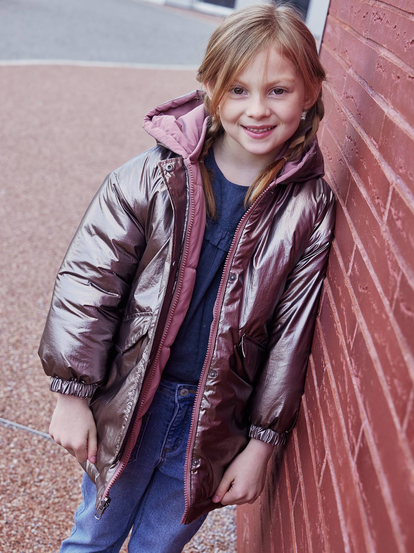 Parka à capuche réversible effet métallisé ou doudoune fille argent