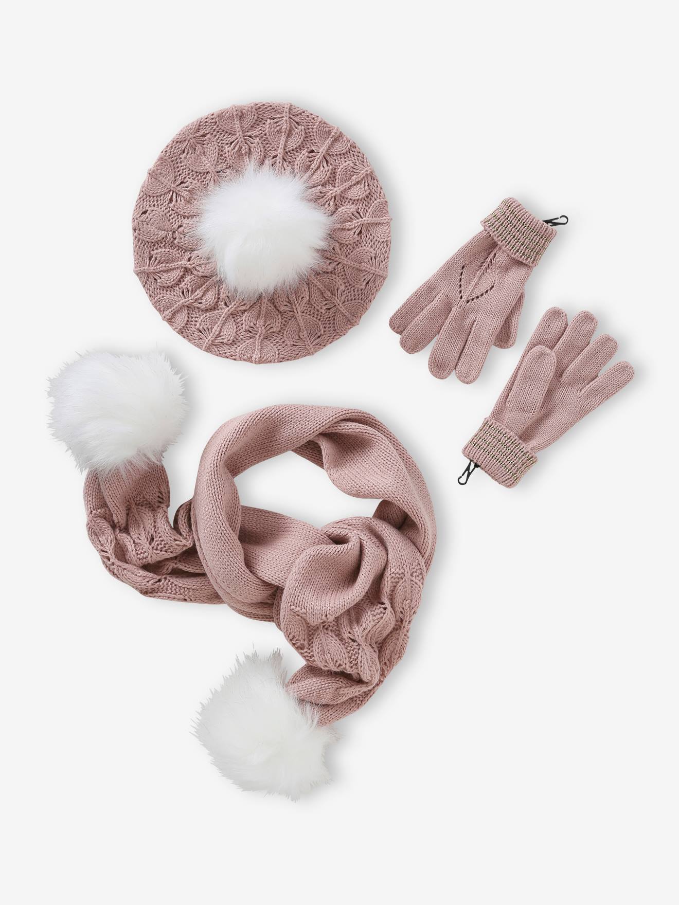 Ensemble béret + écharpes + gants ou moufles en maille ajourée et fourrure fantaisie fille rose poudré