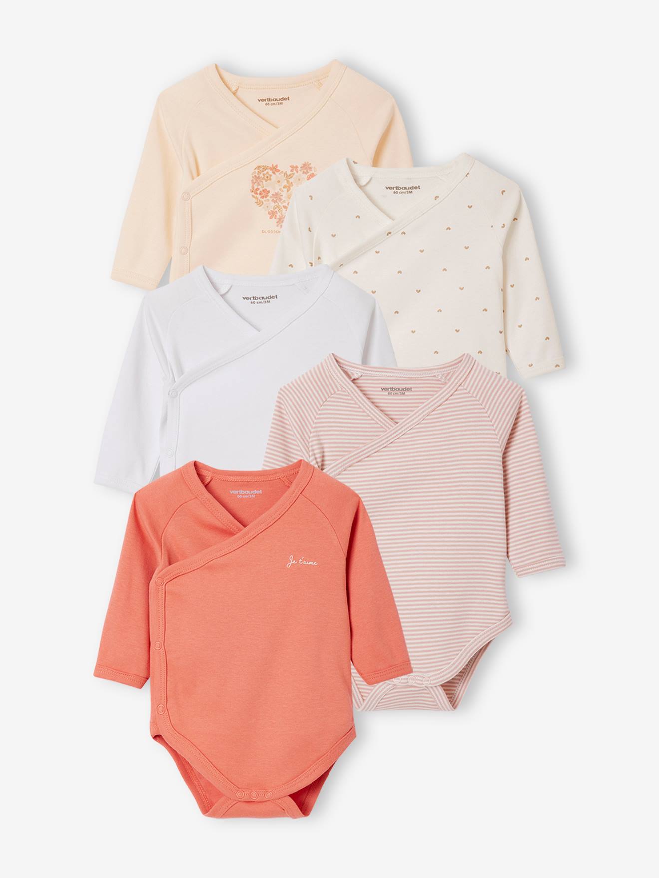 Lot de 5 bodies coeur bébé manches longues ouverture naissance rose poudré