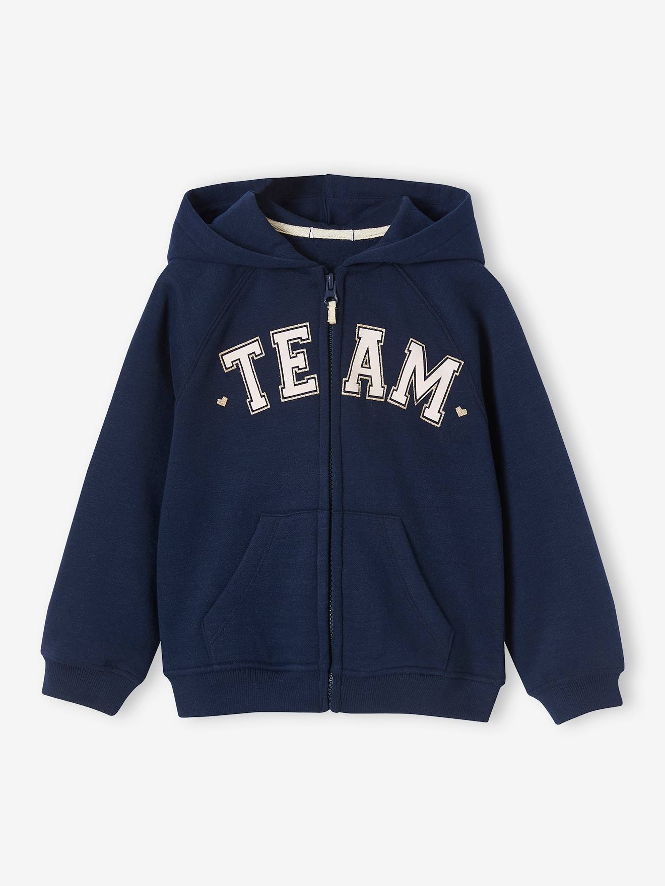 Sweat zippé à capuche motif Team sport fille marine