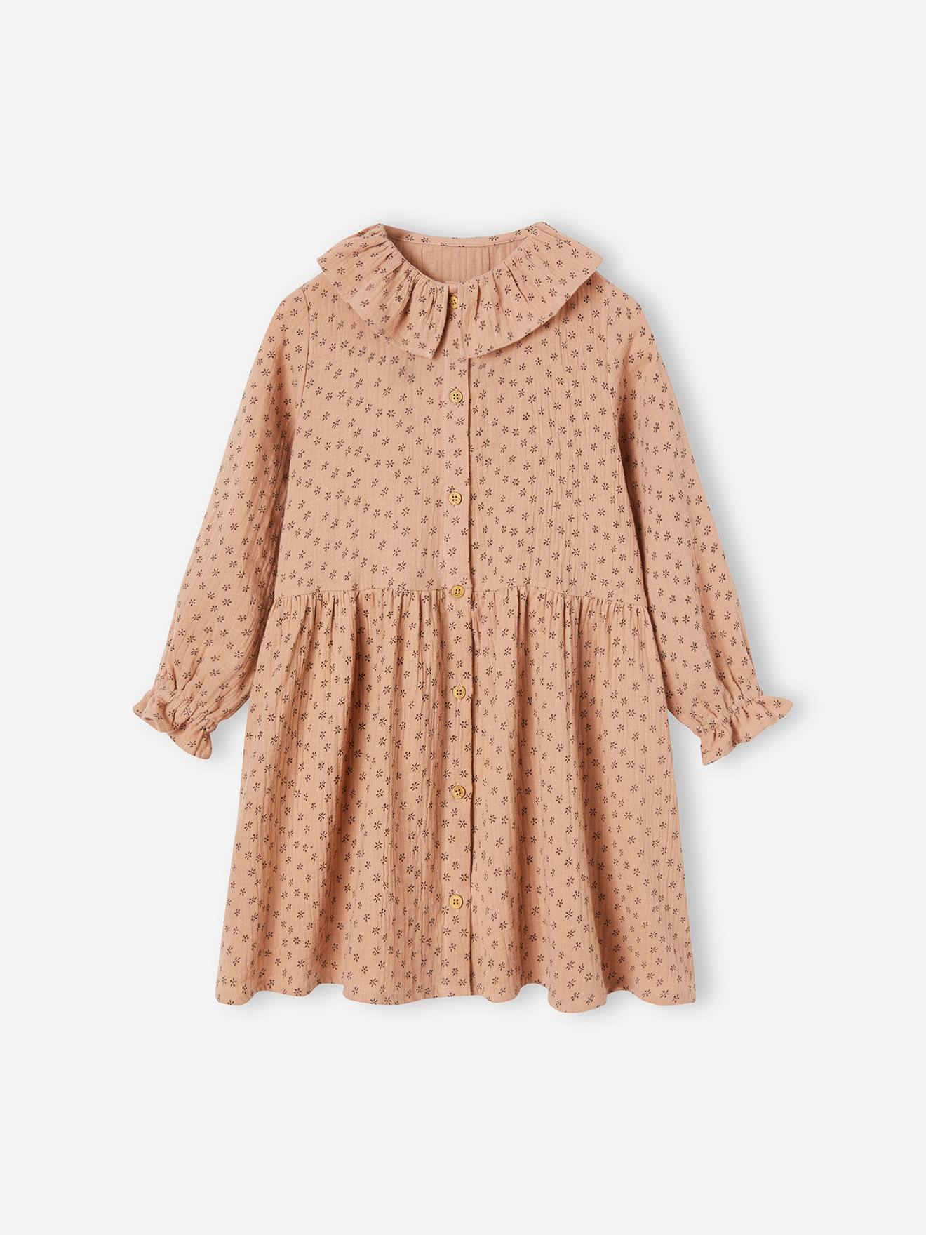 Robe à collerette en gaze de coton fille beige poudré