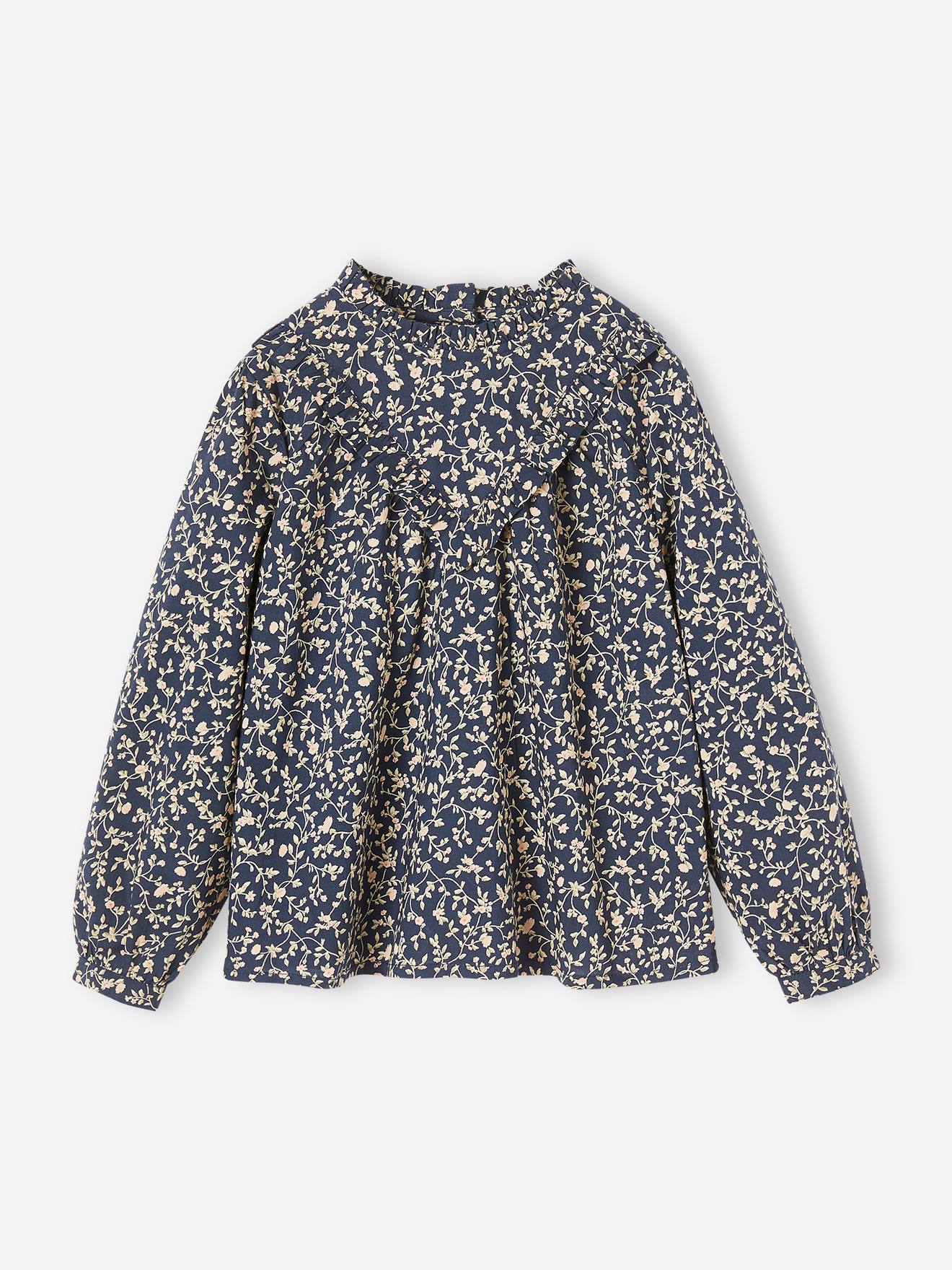 Blouse victorienne motifs fleurs fille marine