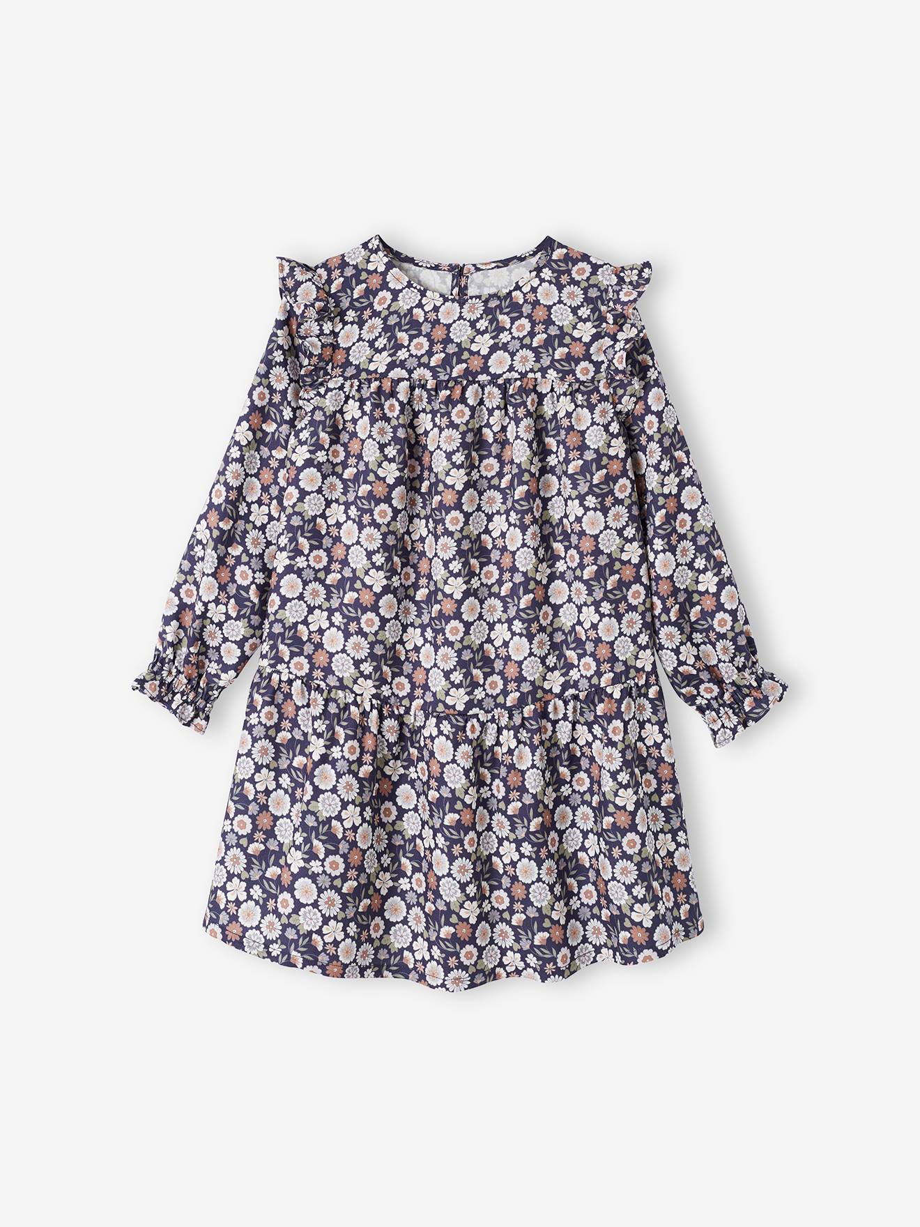 Robe imprimée fleurs manches volantées fille bleu nuit