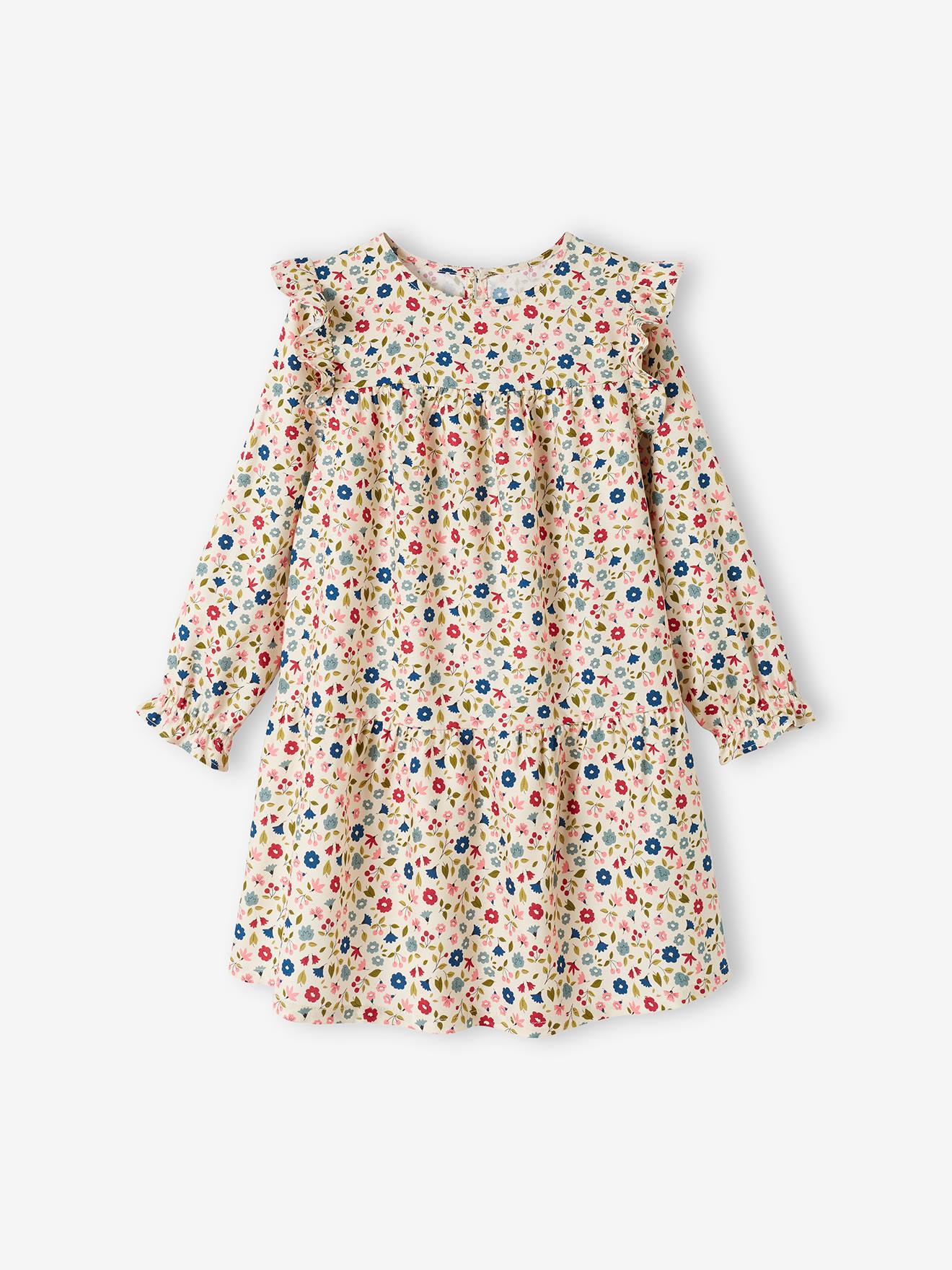 Robe imprimée fleurs manches volantées fille écru