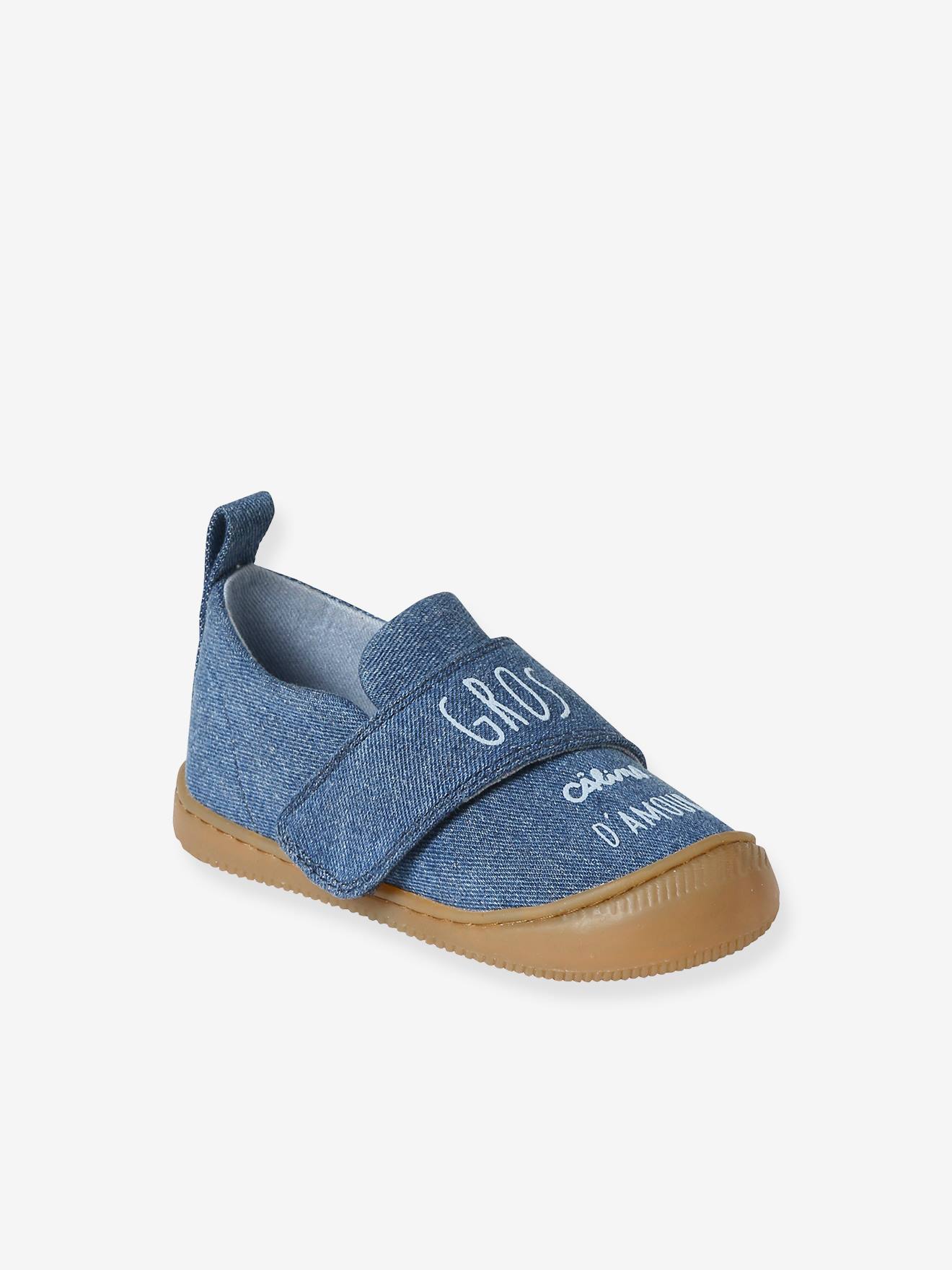 Chaussons scratchés bébé en toile denim bleu jean