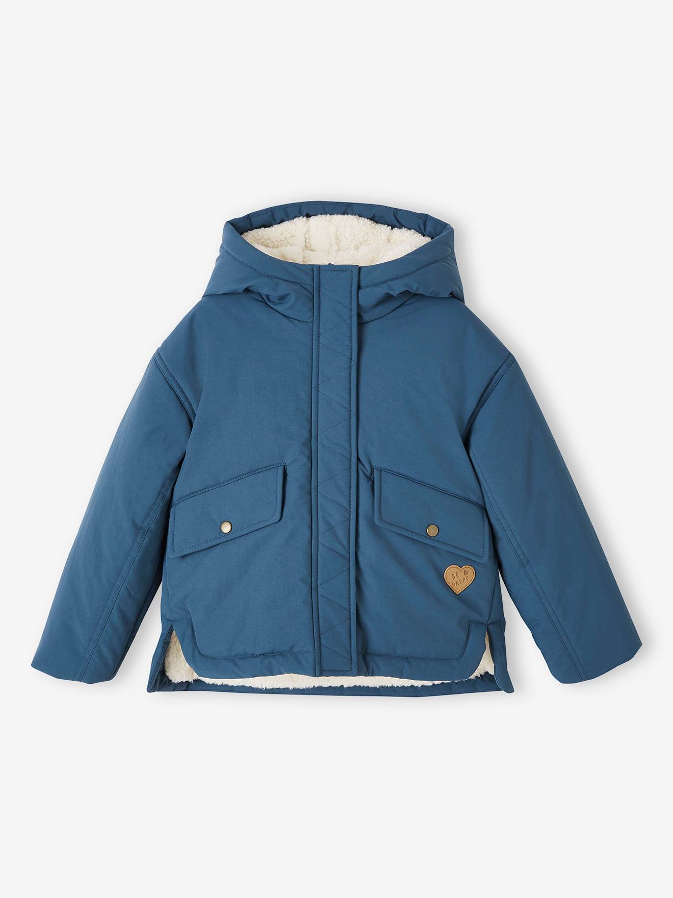 Vertbaudet - Parka à capuche courte doublée sherpa fille bleu pétrole