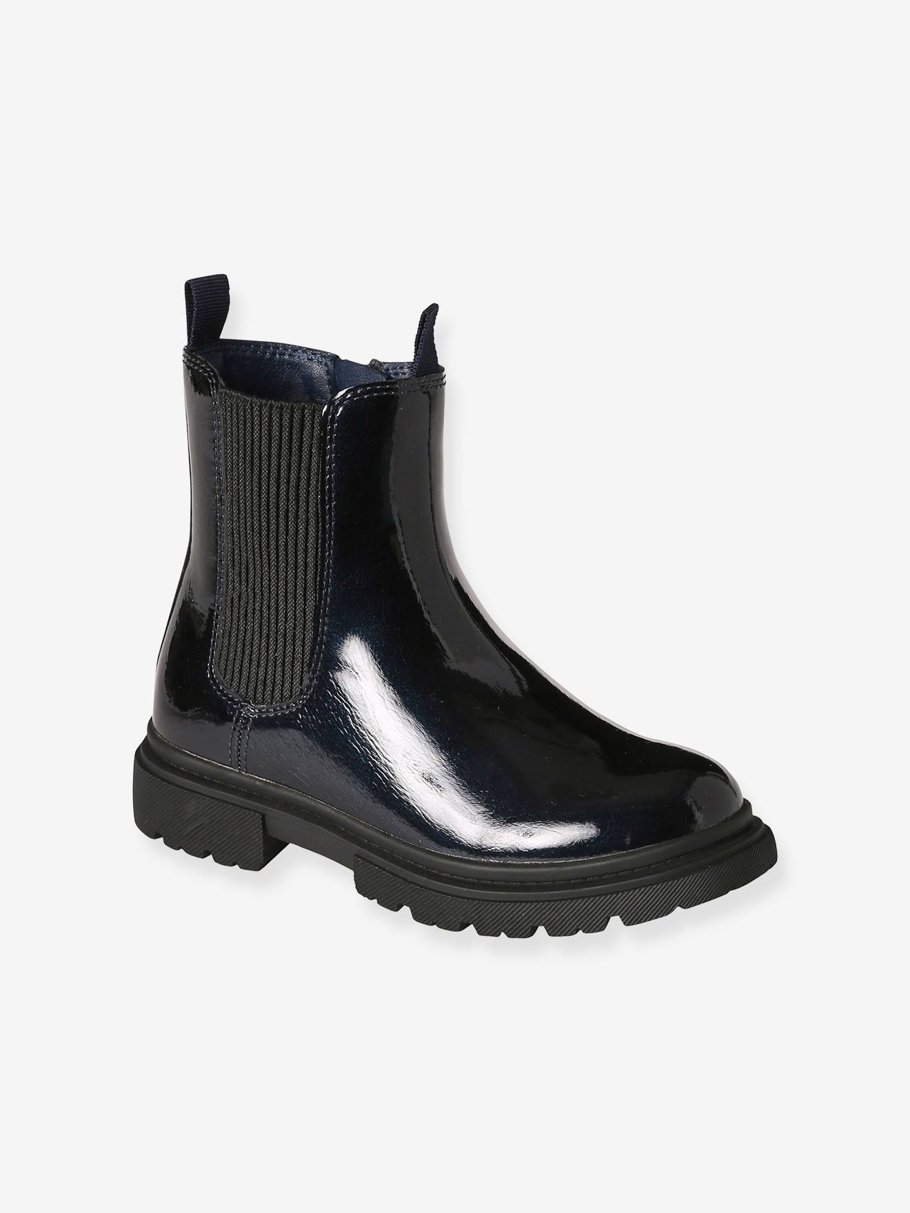 Boots vernies zippées et élastiquées fille marine