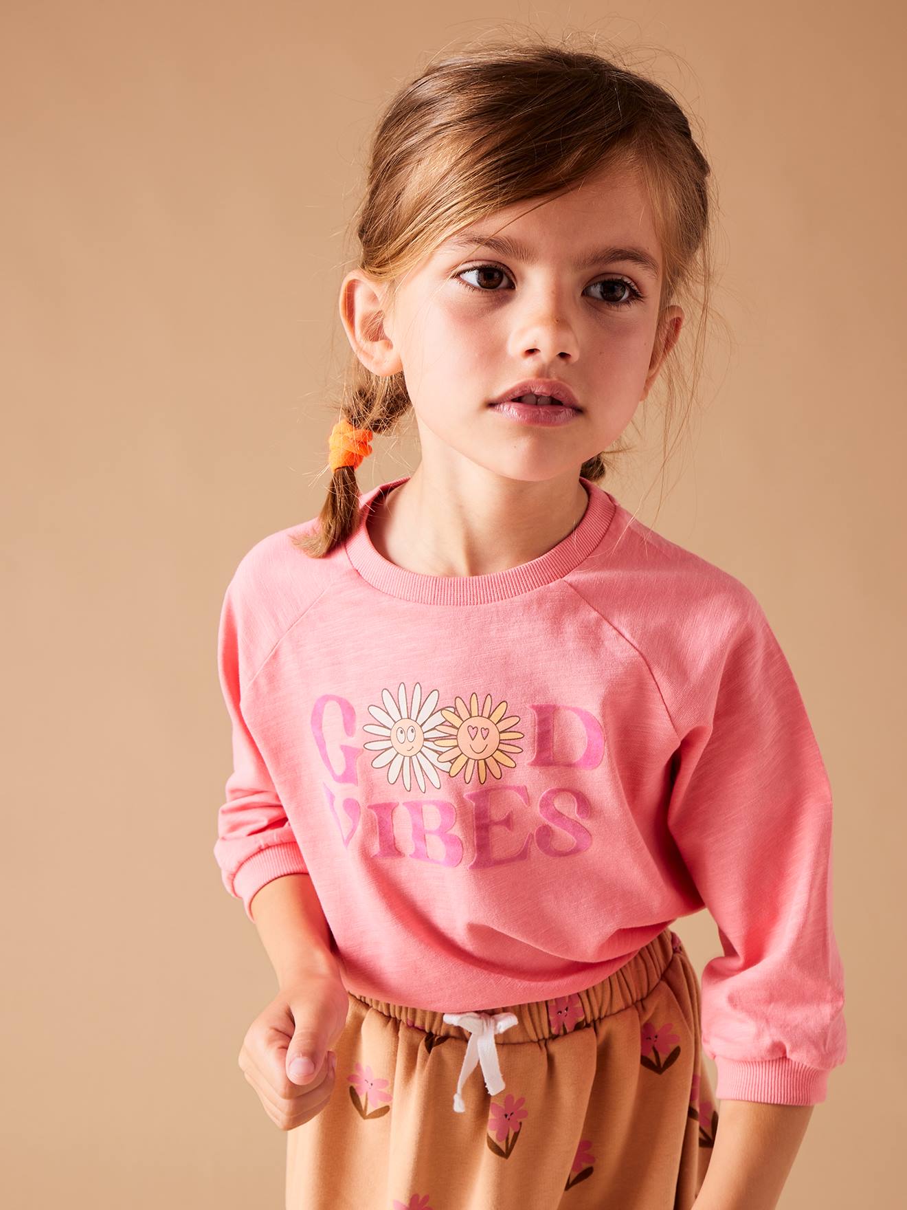 Tee-shirt good vibes animation flatlock velours et fleurs fille rose bonbon
