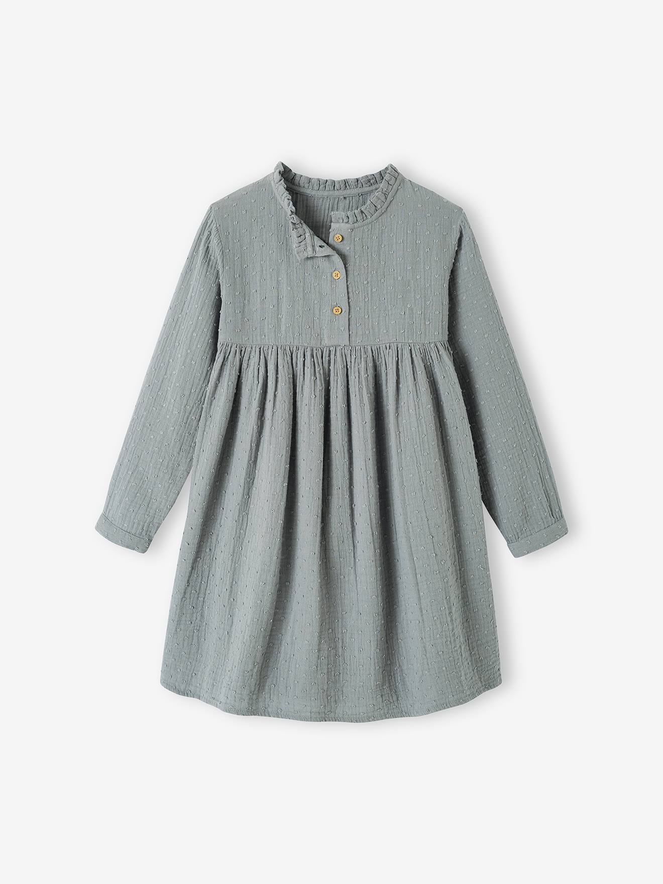 Robe en gaze de coton détails fantaisie fille bleu grisé