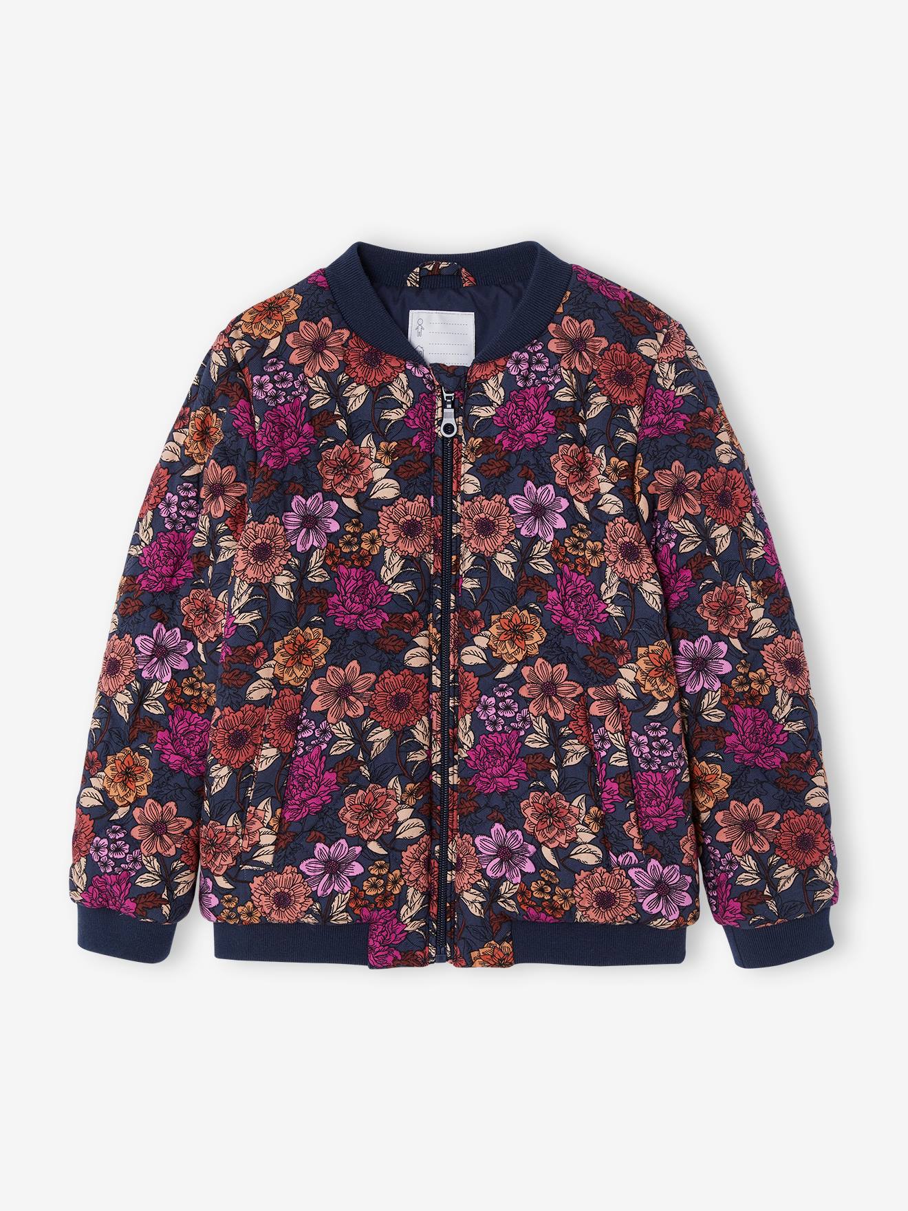 Blouson matelassé style bomber motifs fleurs fille bleu nuit