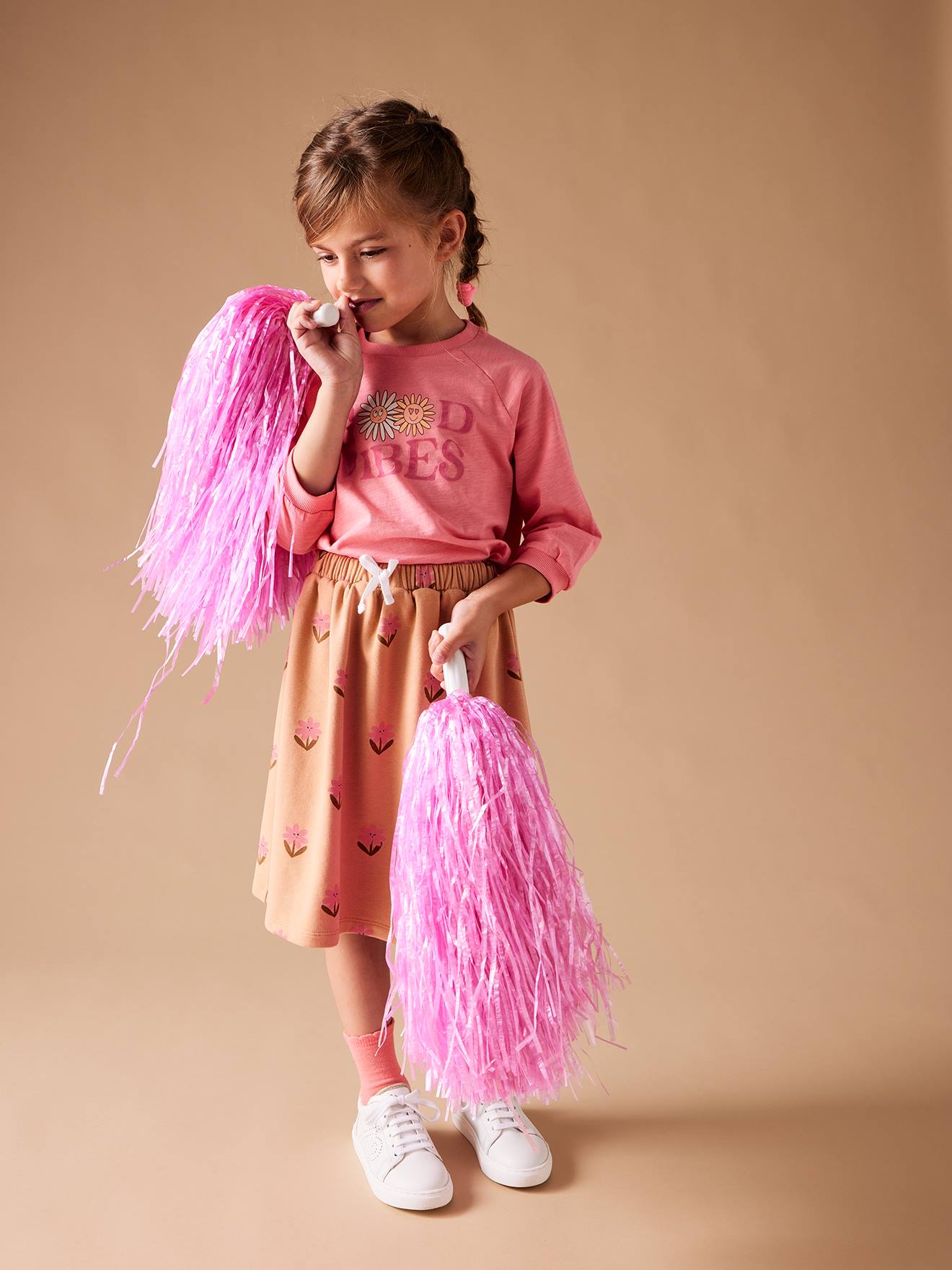 Jupe en molleton mi-longue motifs fleurs fille pêche