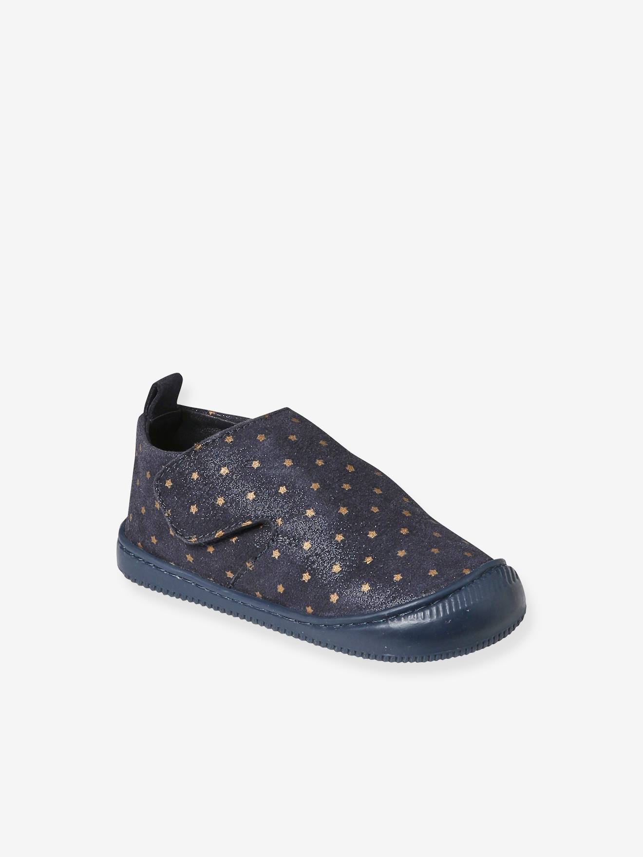 Chaussons scratchés bébé en cuir souple bleu imprimé