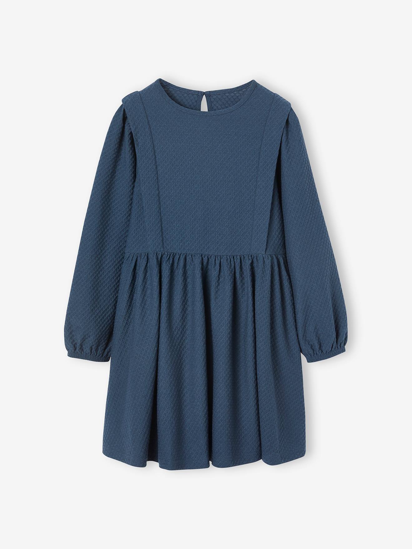 Robe en tissu reliéfé fille manches longues marine