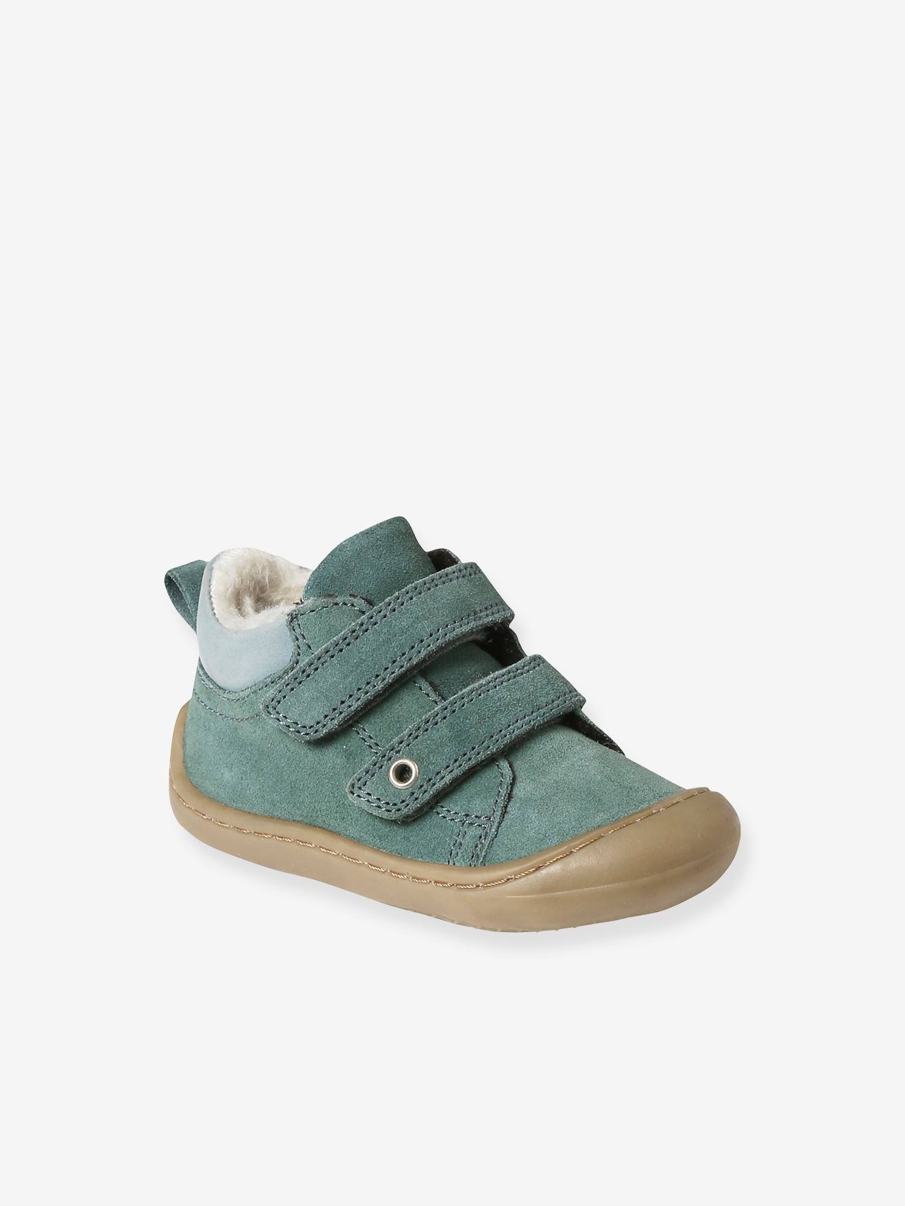Bottillons fourrés cuir souple bébé premiers pas vert