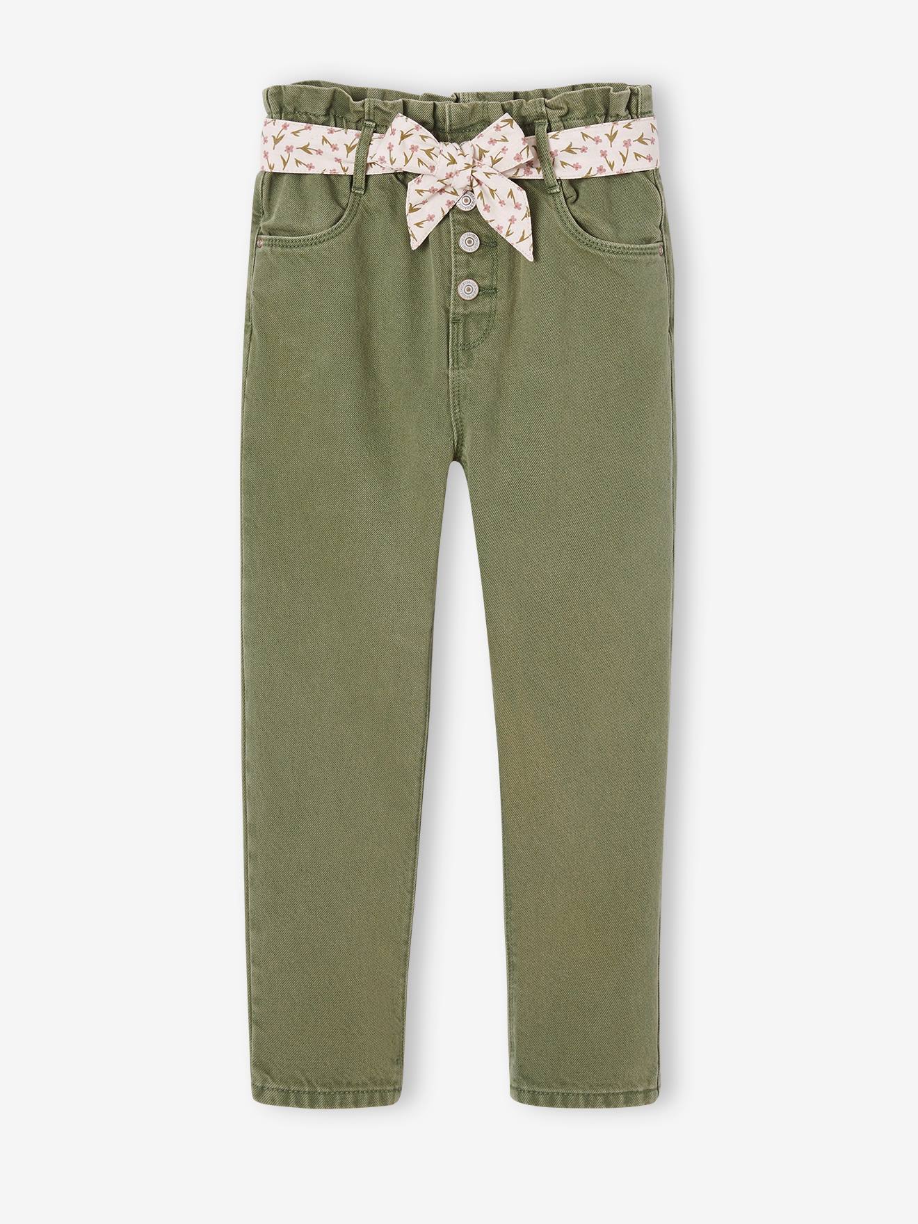 Pantalon paperbag fille et sa ceinture foulard àfleurs vert