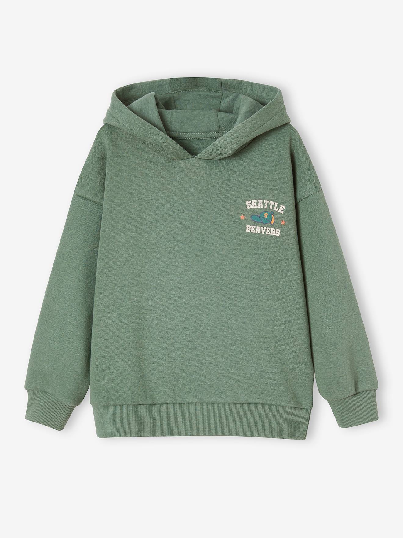 Sweat à capuche grand motif nature au dos garçon vert sauge