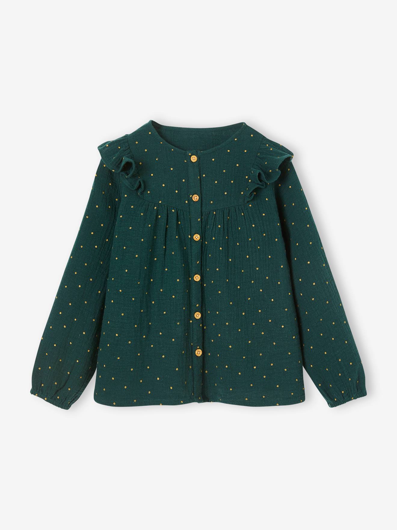 Blouse volantée en gaze de coton fille vert