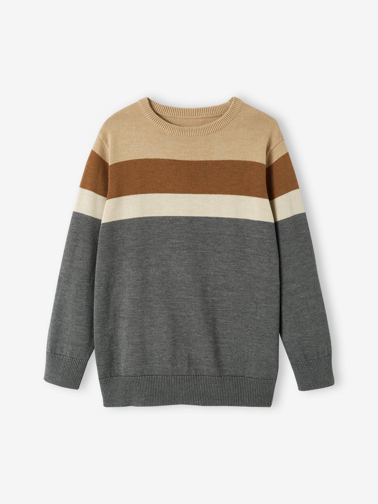 Pull colorblock rayé garçon maille fine gris chiné