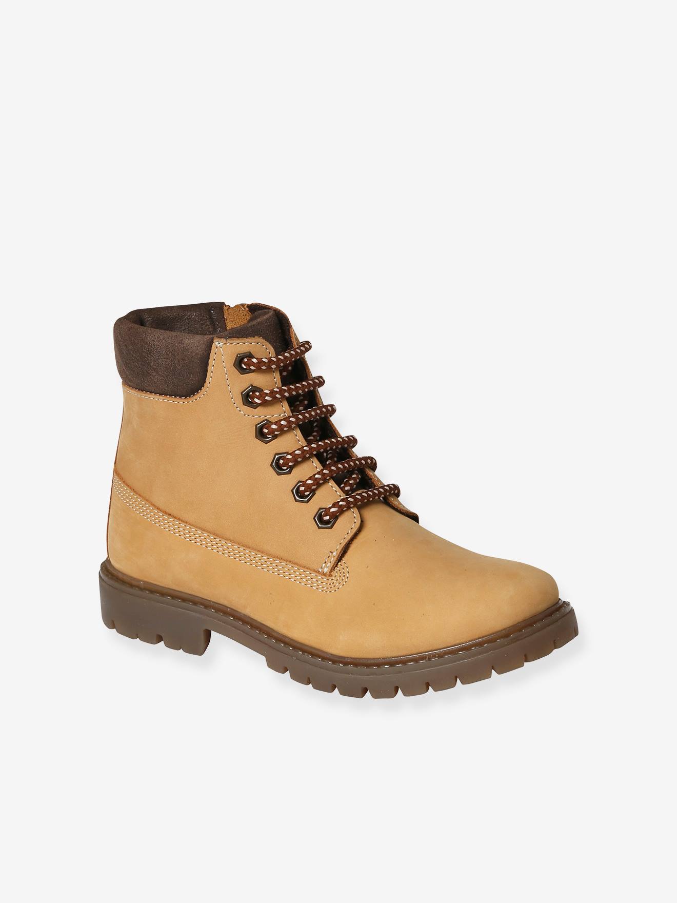 Boots crantées lacées et zippées cuir junior camel