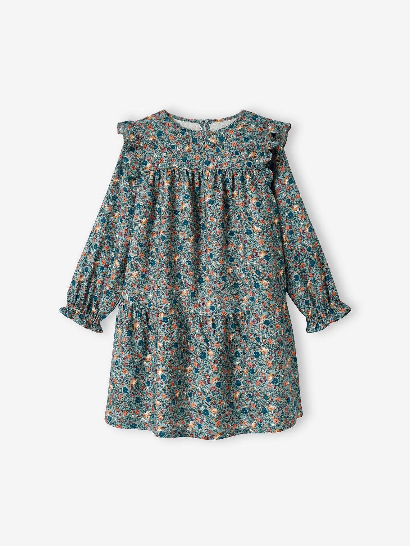 Robe imprimée fleurs manches volantées fille bleu grisé