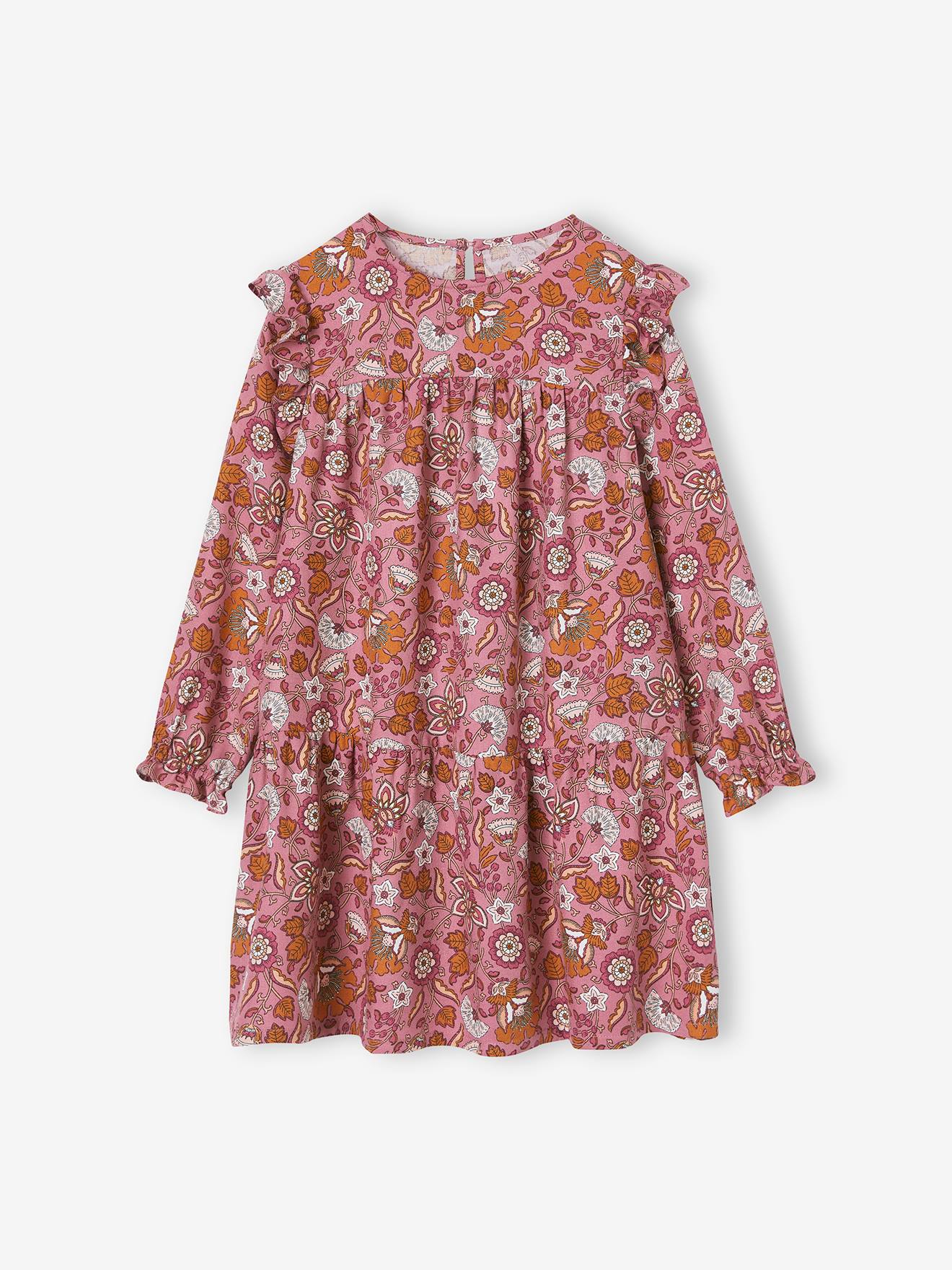 Robe imprimée fleurs manches volantées fille vieux rose