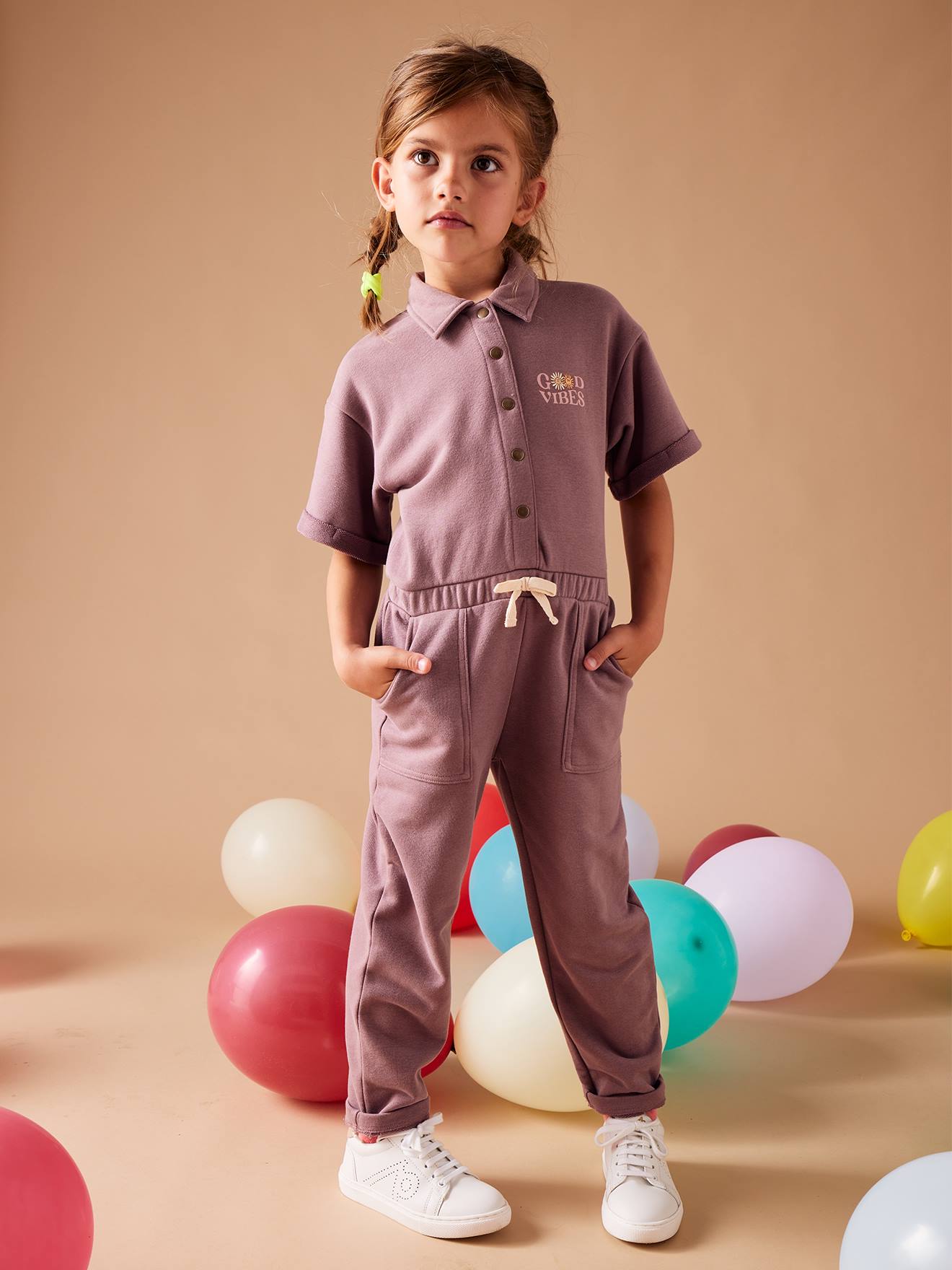Combinaison en molleton fille manches courtes mauve