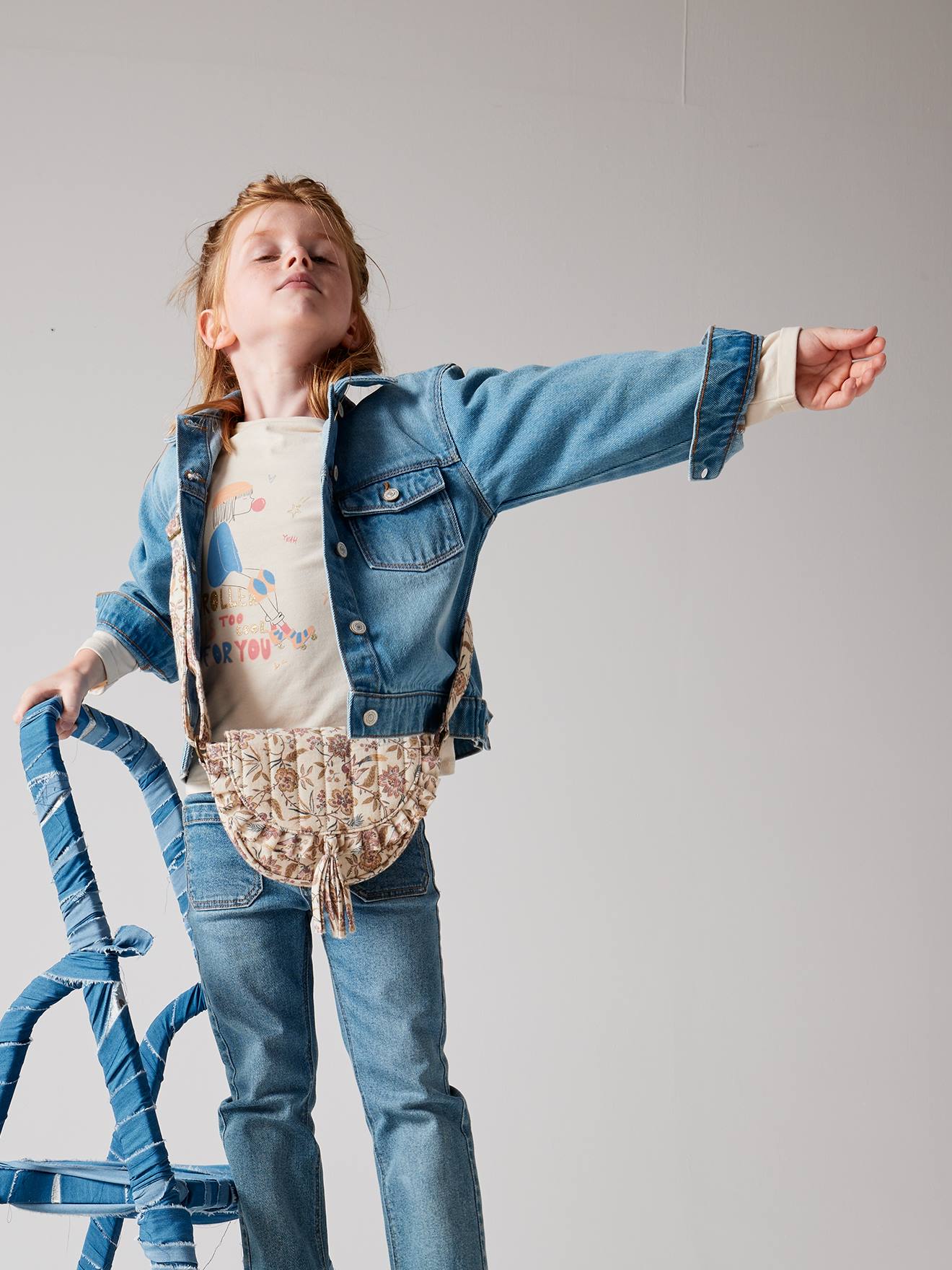 Veste en jean animation fleurs pop au dos fille stone