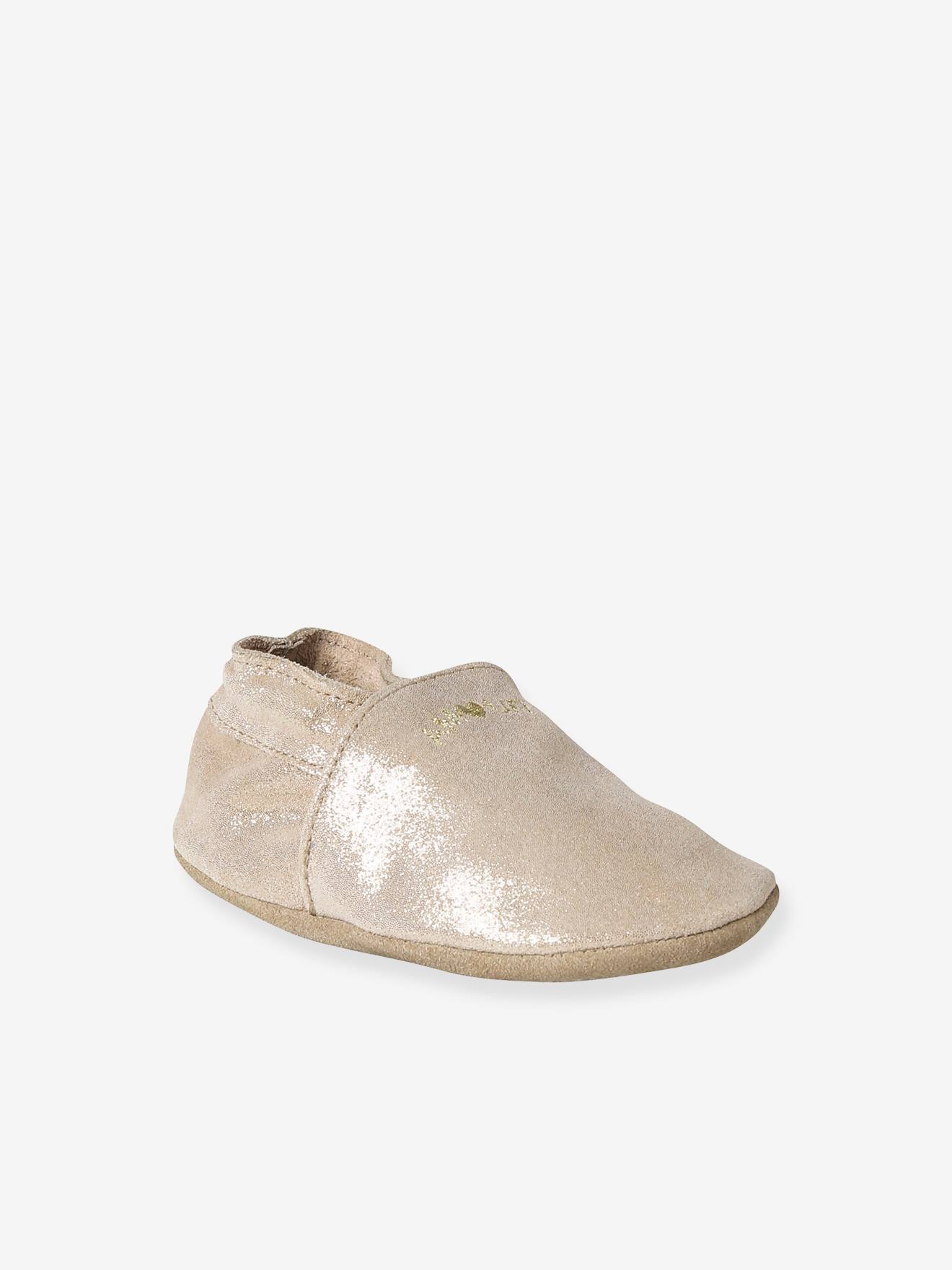 Chaussons élastiqués en cuir souple bébé or