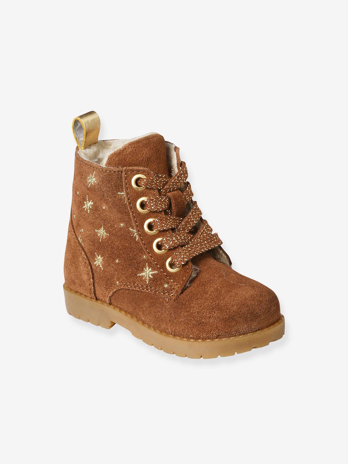 Boots fourrées lacées et zippées en cuir bébé camel