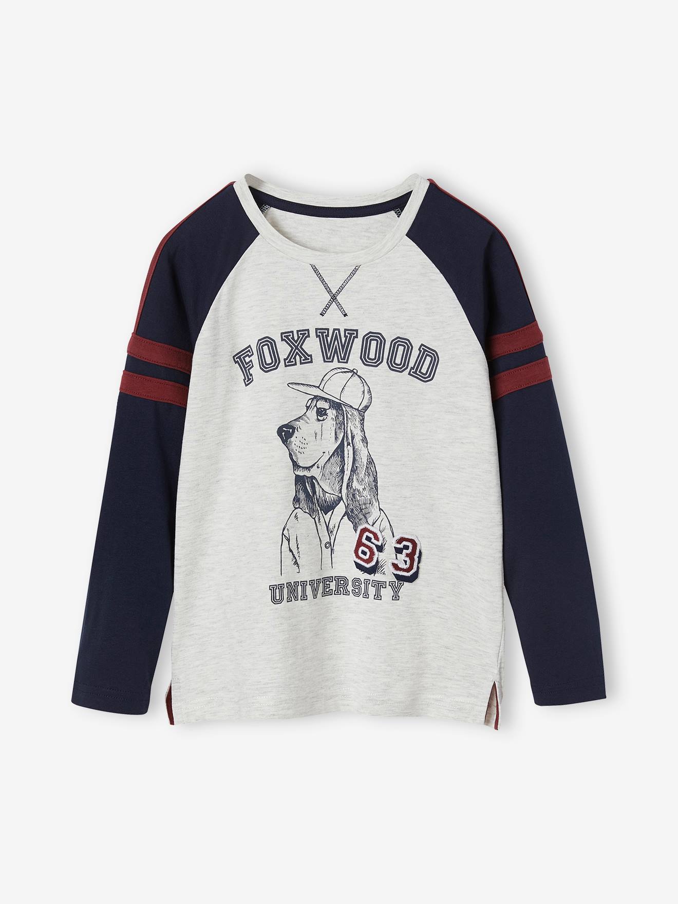 T-shirt motif chien animation badge garçon manches longues raglan marine