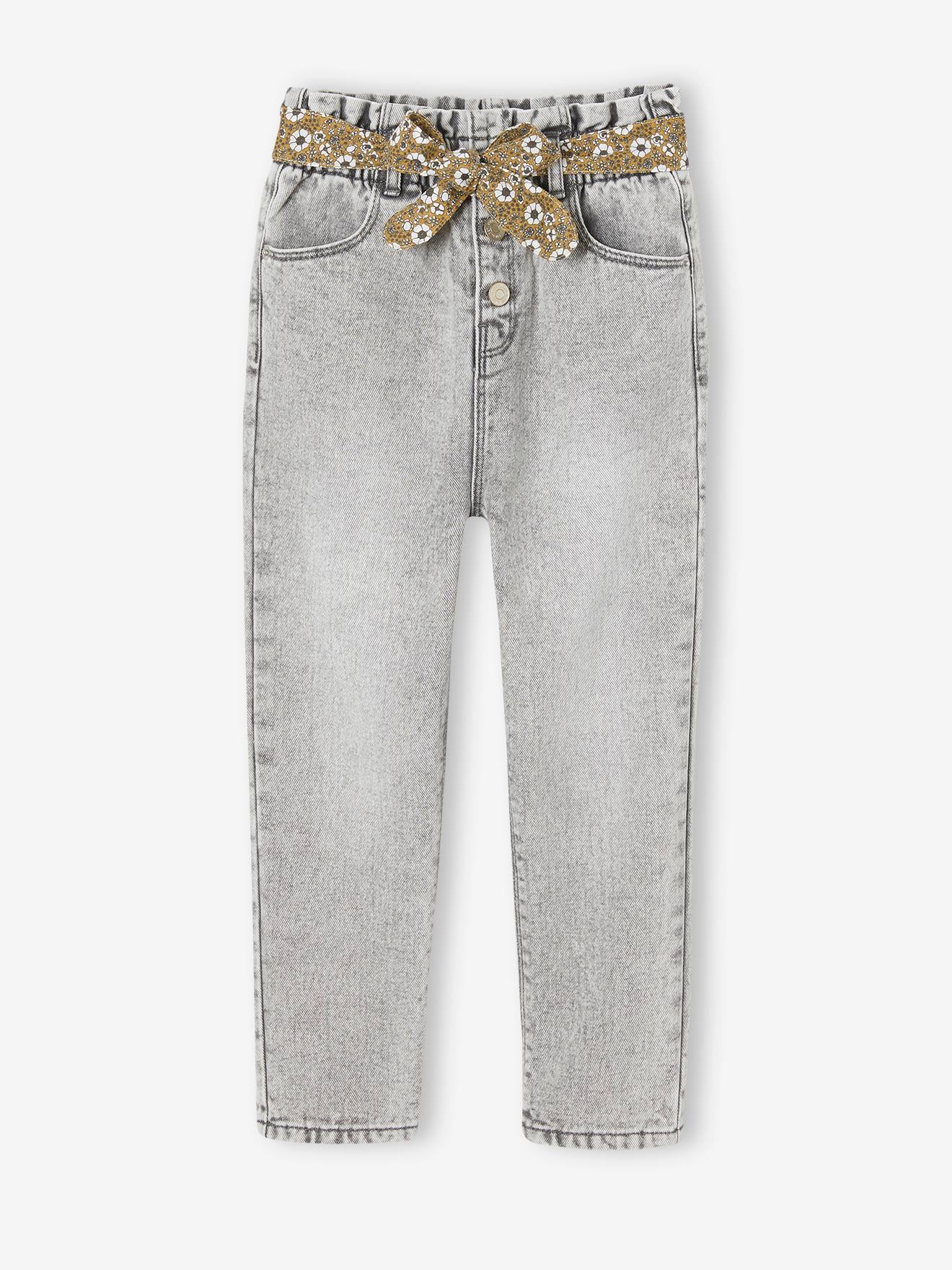 Jean style paperbag et sa ceinture fleurie fille denim gris