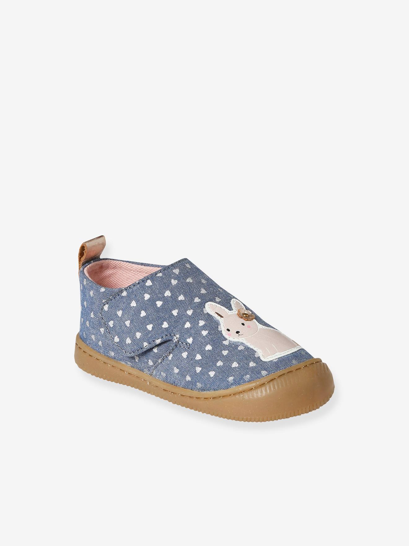 Chaussons à scratchs toile imprimée bébé bleu chambray