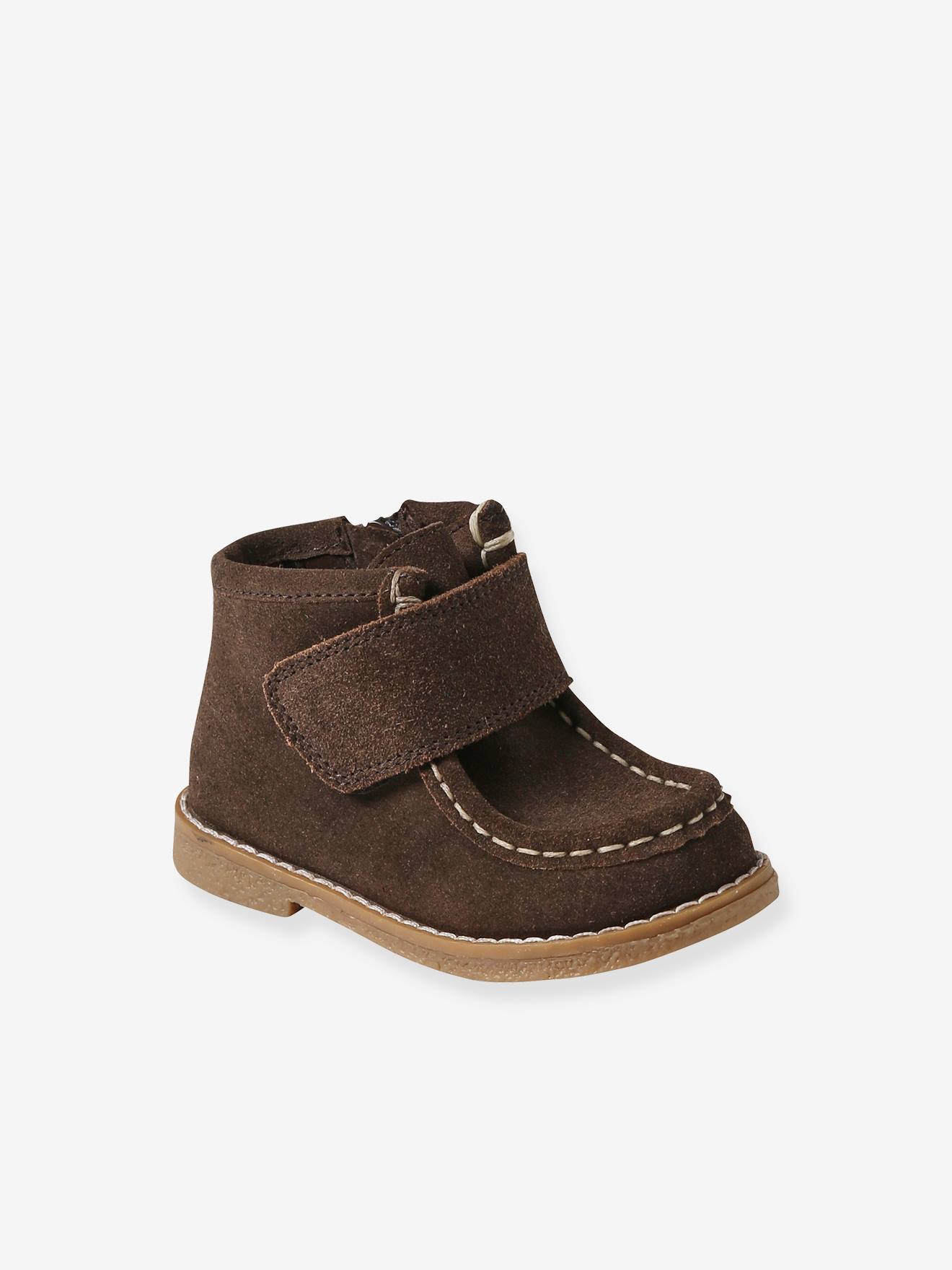 Bottines en cuir scratchées et zippées bébé marron