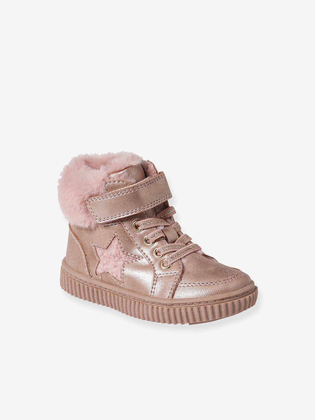 Baskets fourrées lacées, scratchées et zippées bébé rose nude