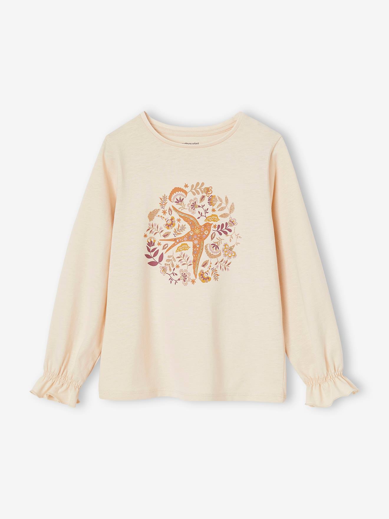 T-shirt romantique motifs brillants fille beige poudré