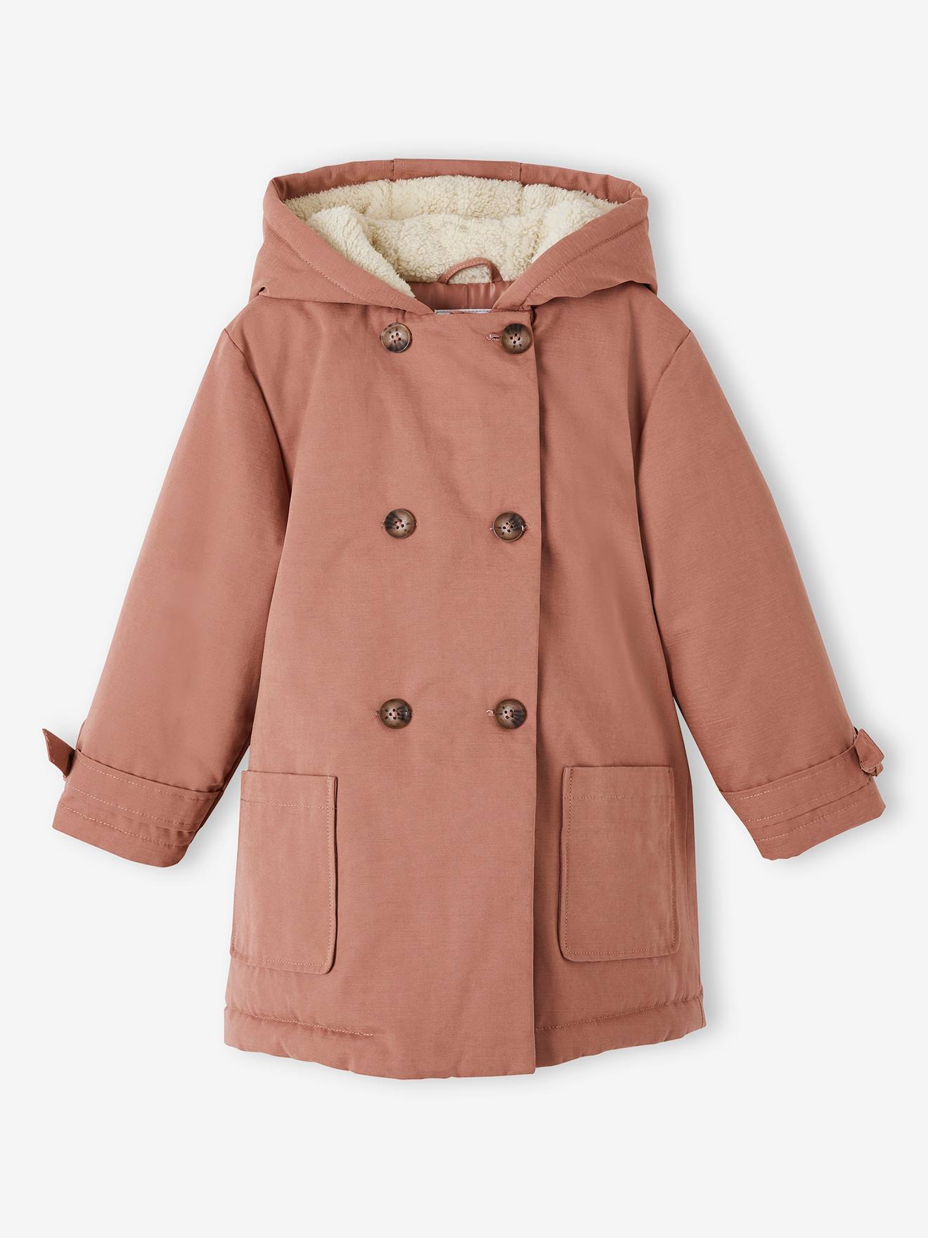 Parka à capuche chic effet peau de pêche fille bois de rose