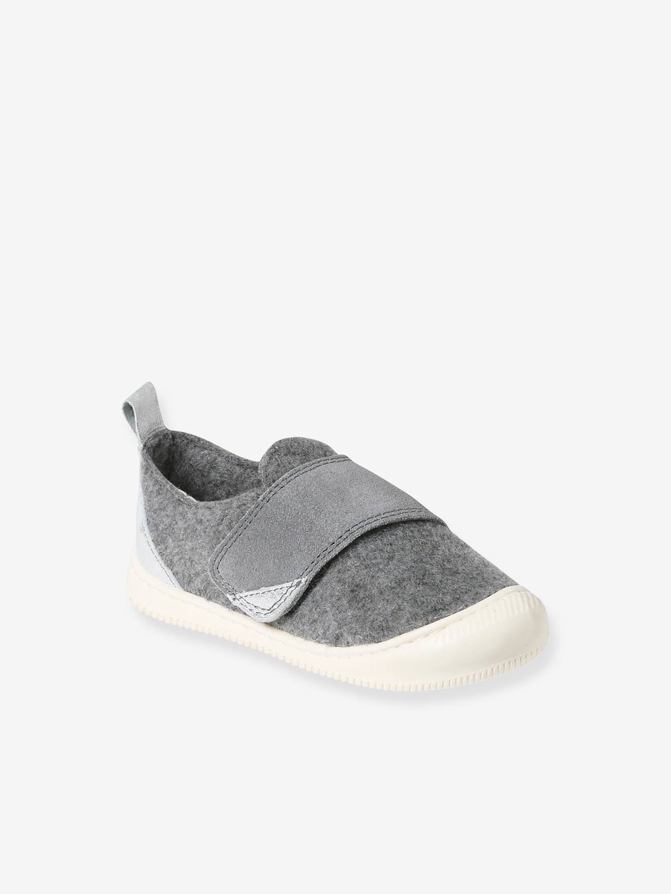 Chaussons scratchés bébé en feutre gris chiné