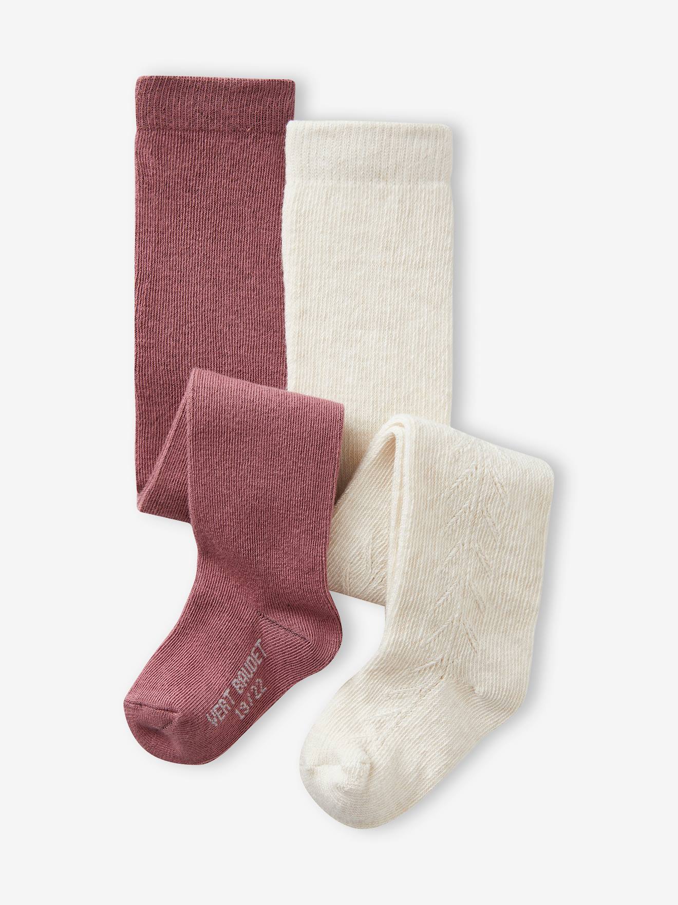 Lot de 2 paires de collants ajourés/unis bébé fille prune