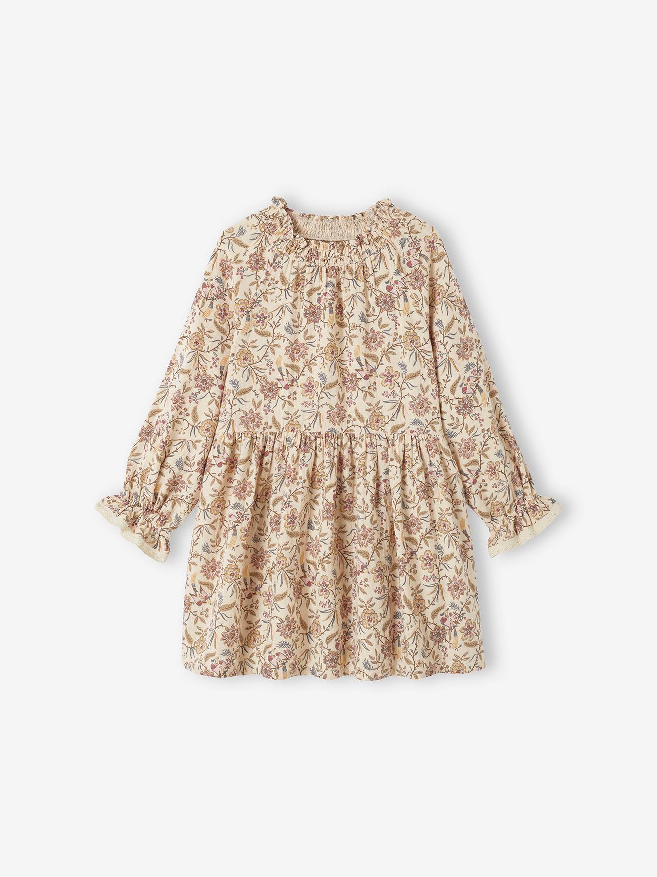 Robe à fleurs en gaze de coton fille beige imprimé